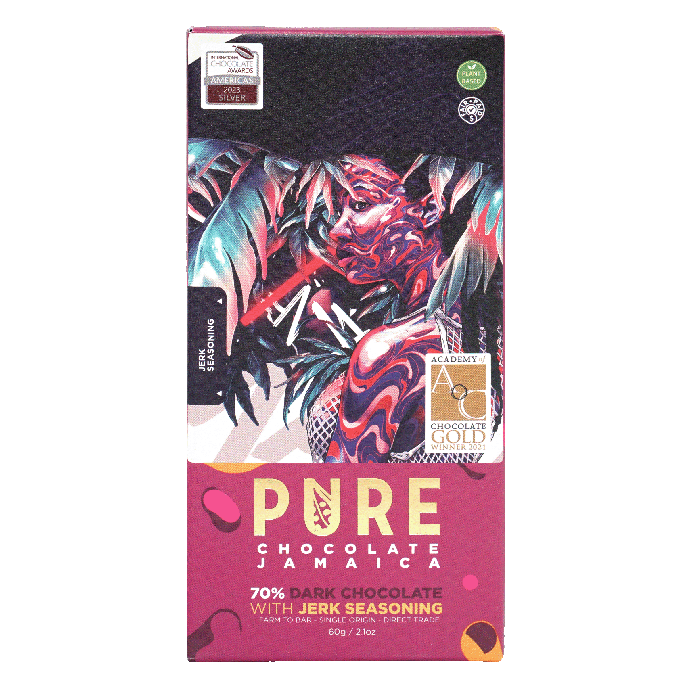 Pure Chocolate Dark w/ Jerk Seasoning 70% bar in vibrant pink black wrapper