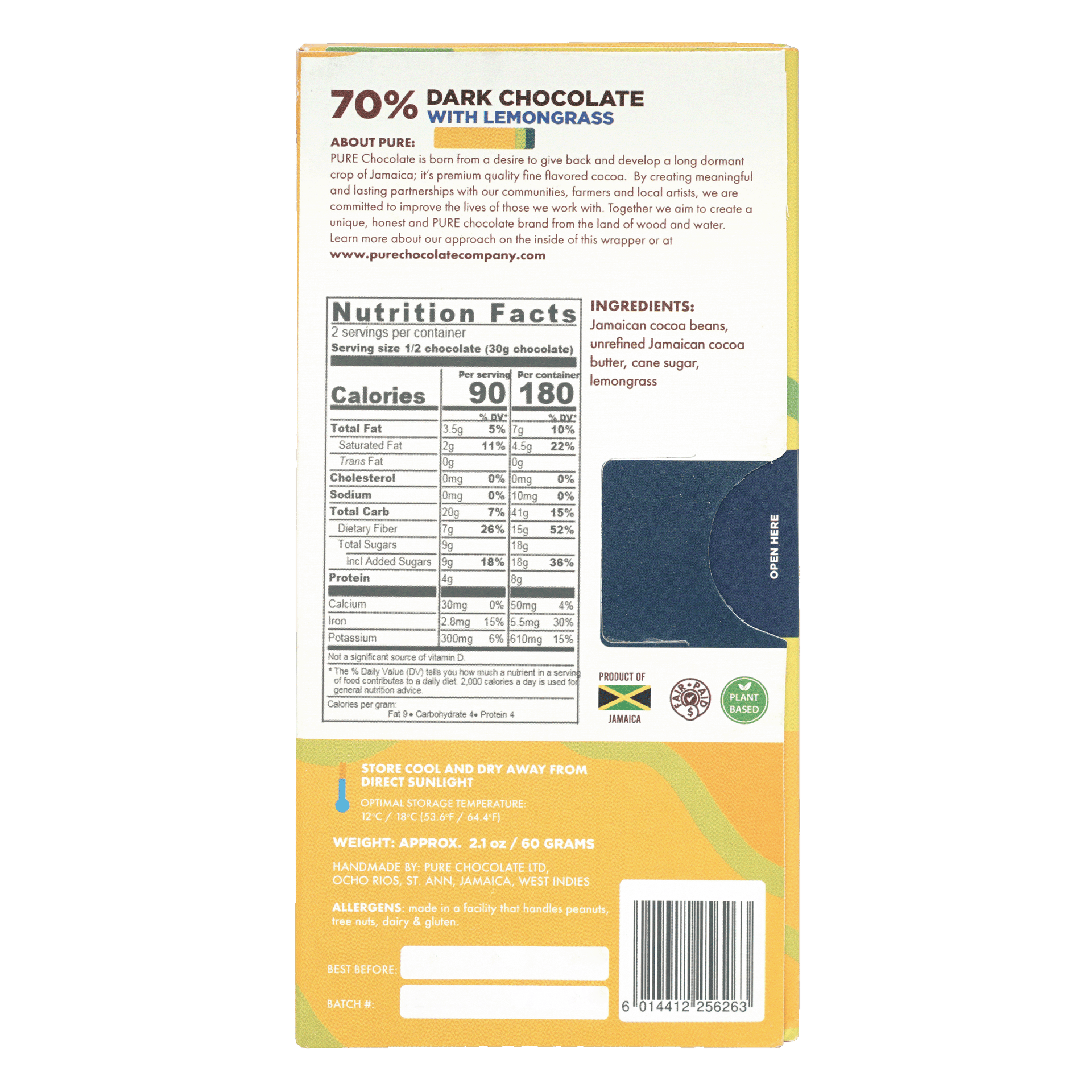 Pure Chocolate 70% dark chocolate bar with lemongrass, yellow blue foil