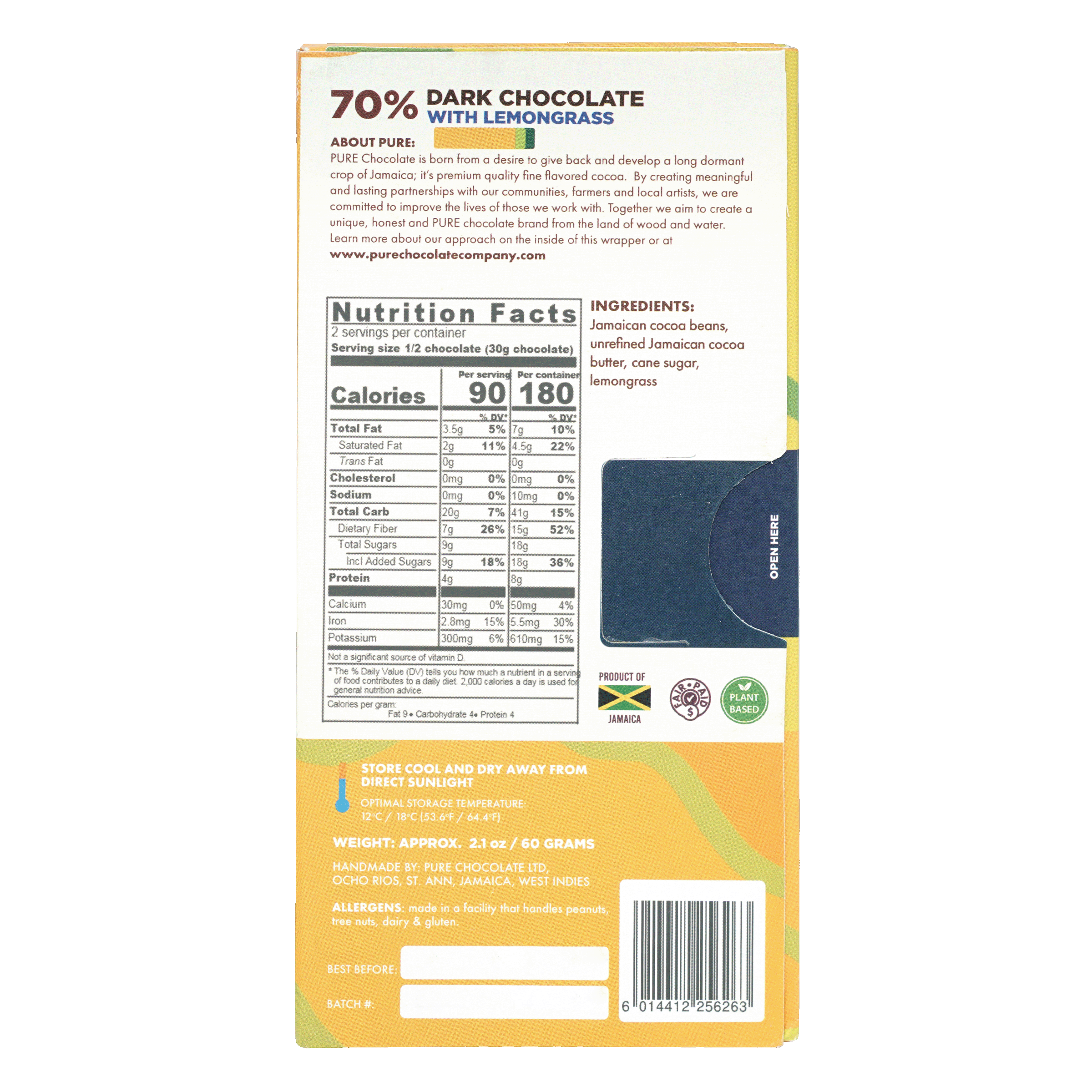 Pure Chocolate 70% dark chocolate bar with lemongrass, yellow blue foil