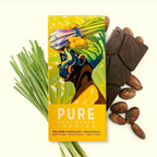 Pure Chocolate Jamaica 70% dark chocolate lemongrass wrapper with Jamaican woman, cocoa beans