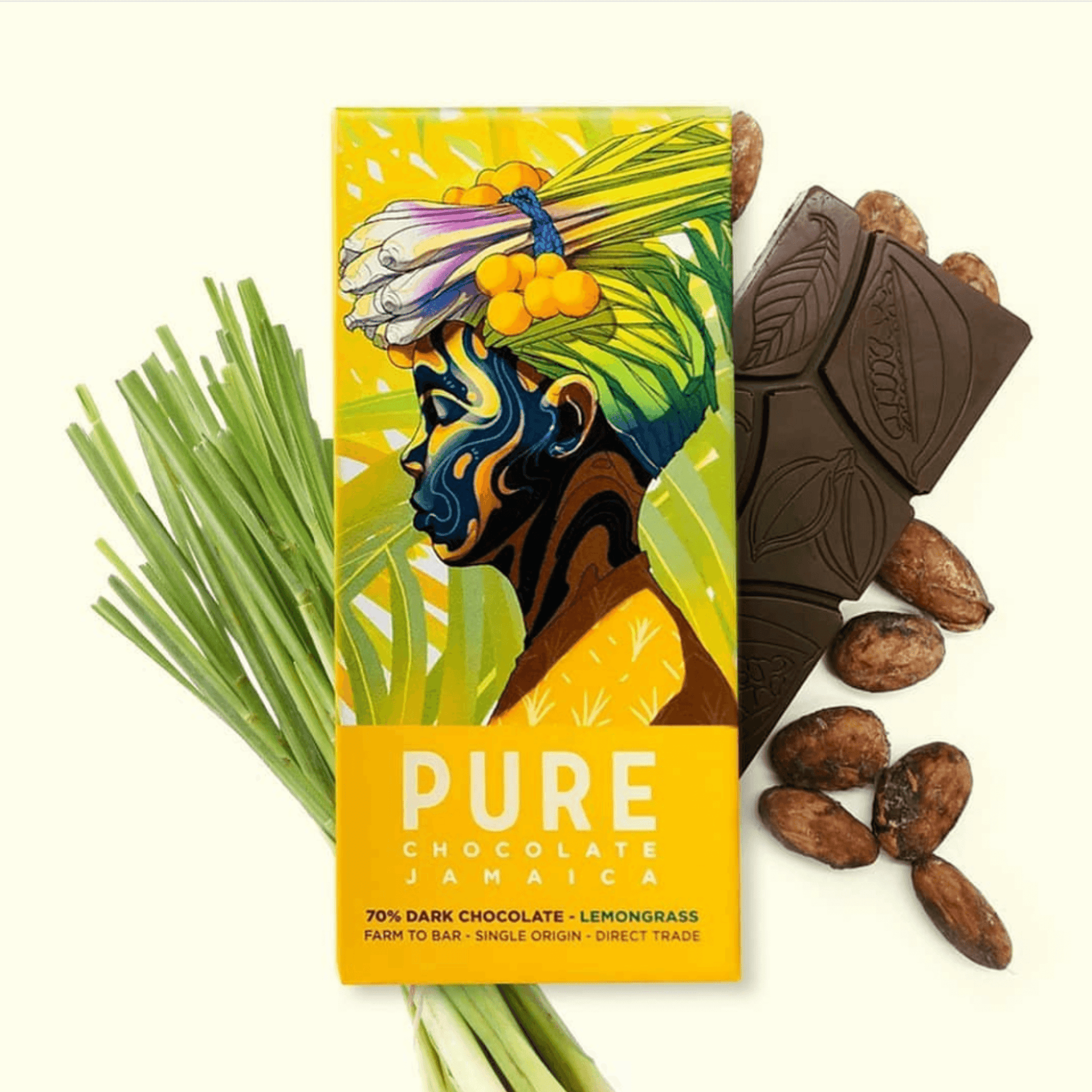 Pure Chocolate Jamaica 70% dark chocolate lemongrass wrapper with Jamaican woman, cocoa beans