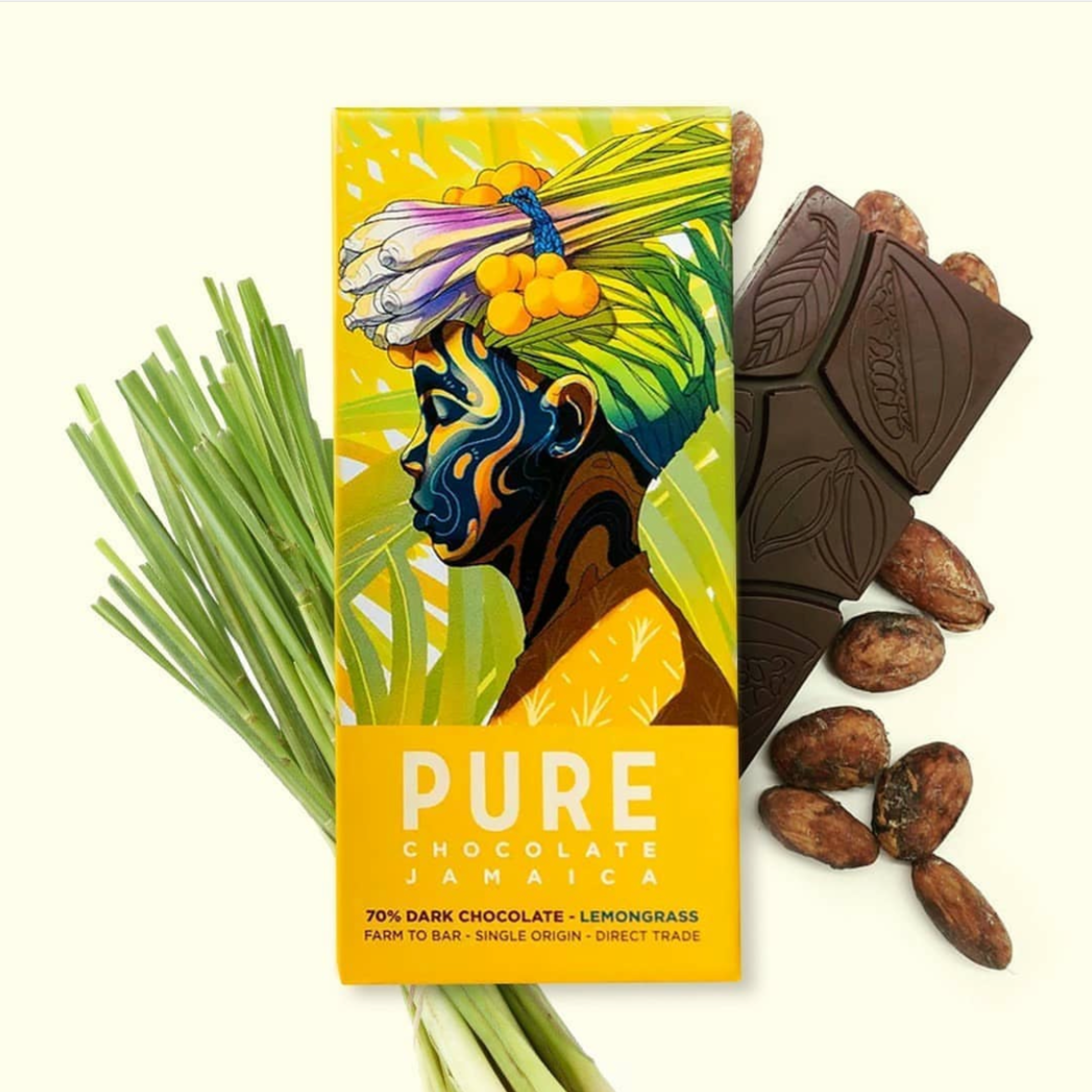 Pure Chocolate Jamaica 70% dark chocolate lemongrass wrapper with Jamaican woman, cocoa beans