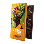 Pure Chocolate Dark w/ Lemongrass 70% bar in vibrant orange wrapper with tropical woman illustration