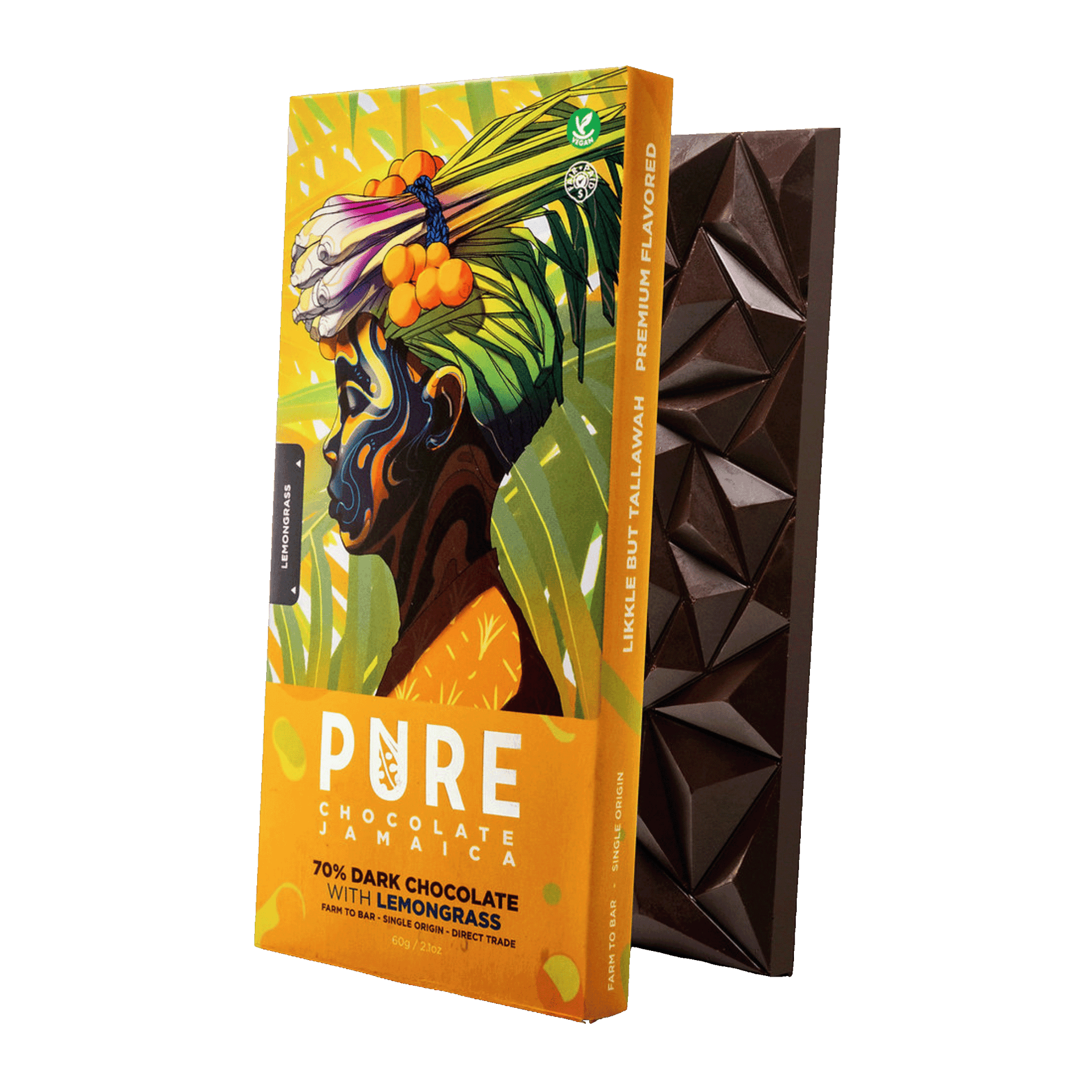 Pure Chocolate Dark w/ Lemongrass 70% bar in vibrant orange wrapper with tropical woman illustration
