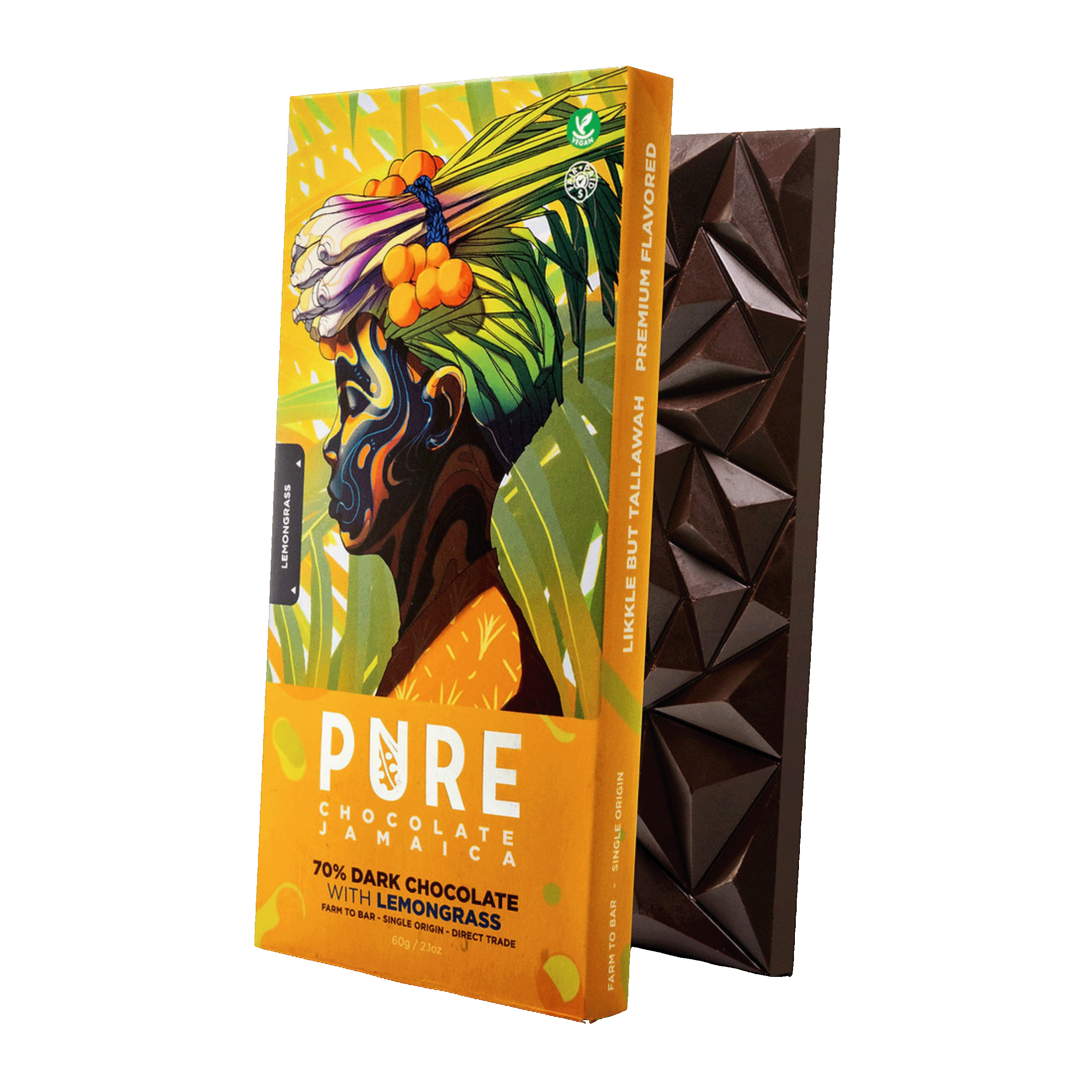 Pure Chocolate Dark w/ Lemongrass 70% bar in vibrant orange wrapper with tropical woman illustration