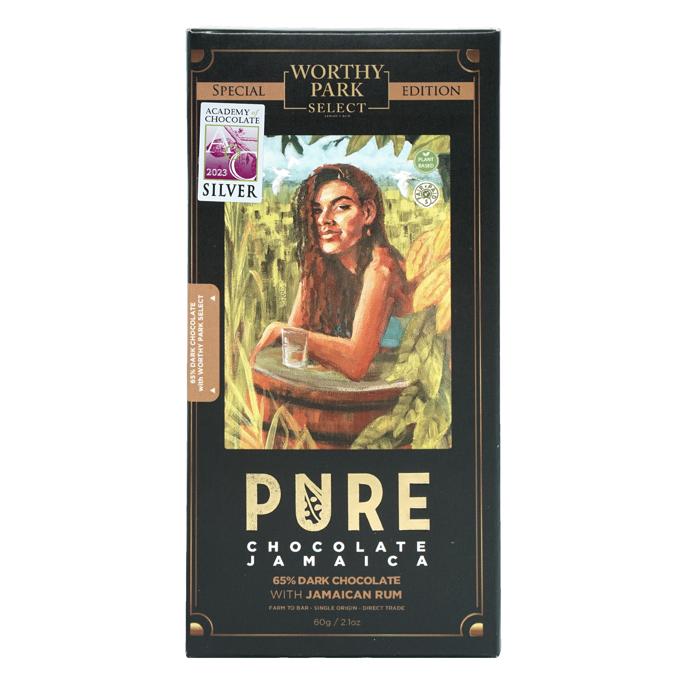 Pure Chocolate Dark with Worthy Park Rum 65% bar in black gold wrapper