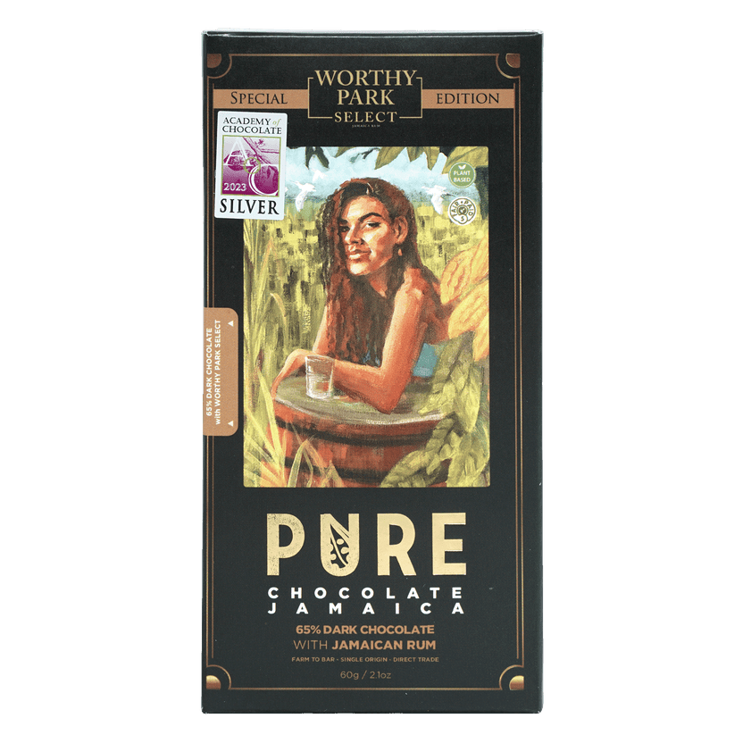 Pure Chocolate Dark with Worthy Park Rum 65% bar in black gold wrapper