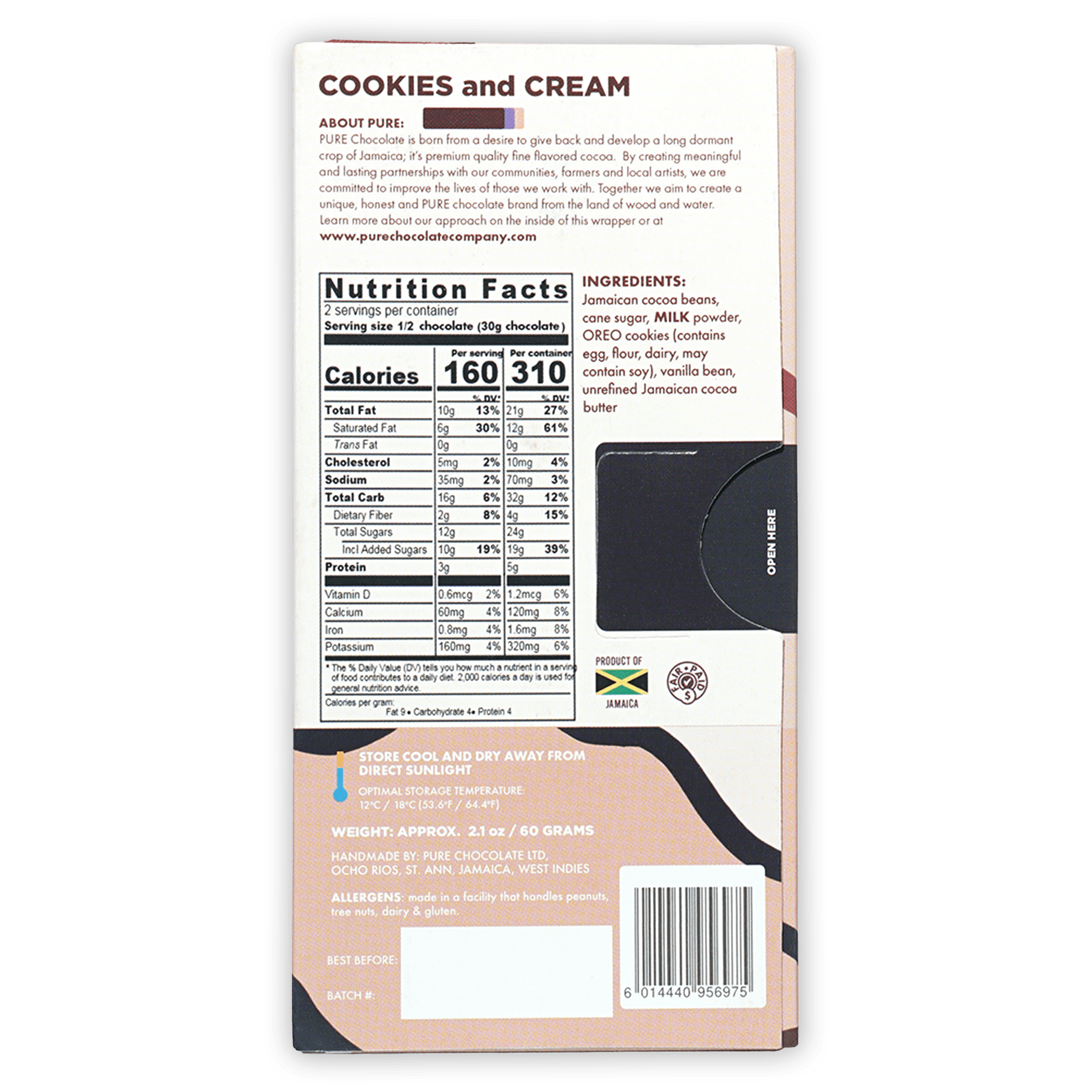 Back of Pure Chocolate Milk Chocolate w/ Cookies & Cream bar with nutrition label