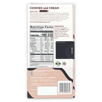 Back of Pure Chocolate Milk Chocolate w/ Cookies & Cream bar with nutrition label