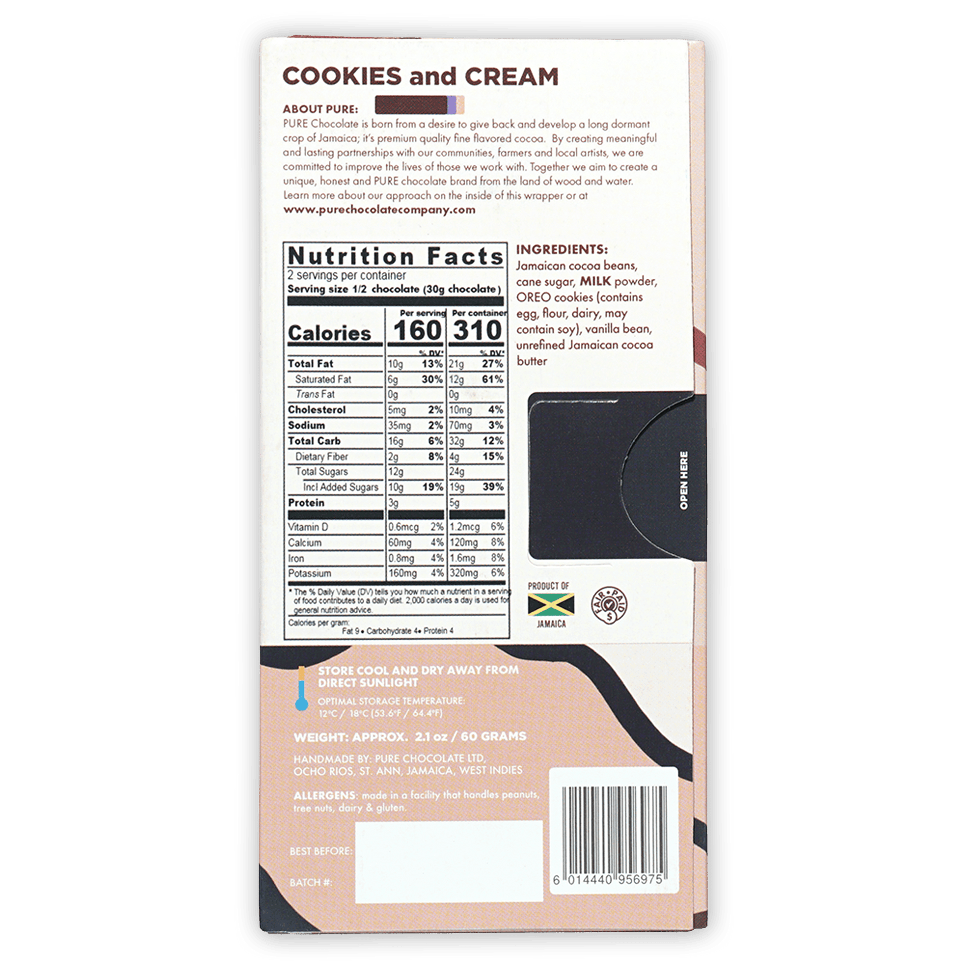 Back of Pure Chocolate Milk Chocolate w/ Cookies & Cream bar with nutrition label
