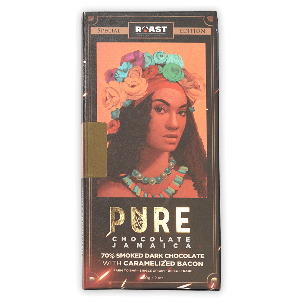 Pure Chocolate Smoked Dark w/ Caramelized Bacon Jamaica bar with vibrant woman illustration