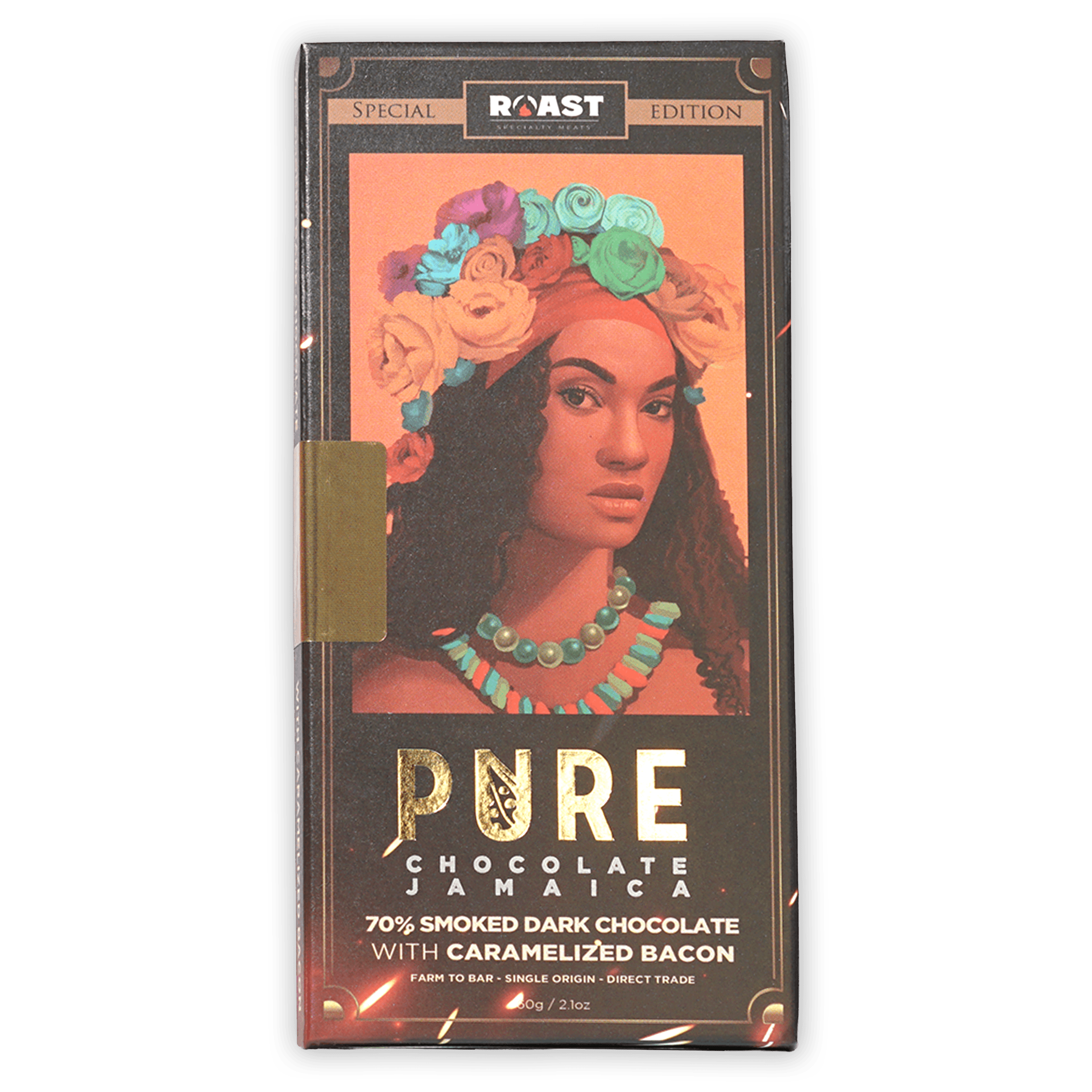 Pure Chocolate Smoked Dark w/ Caramelized Bacon Jamaica bar with vibrant woman illustration