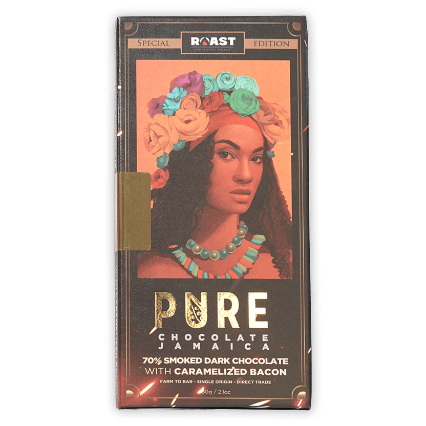 Pure Chocolate Smoked Dark w/ Caramelized Bacon Jamaica bar with vibrant woman illustration