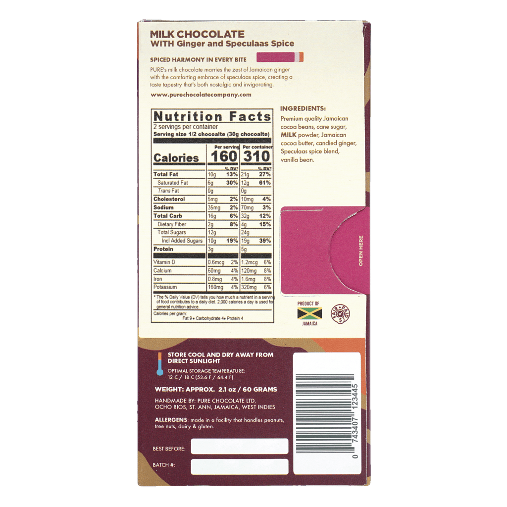 Pure Chocolate Milk bar with ginger and speculaas spice, maroon wrapper