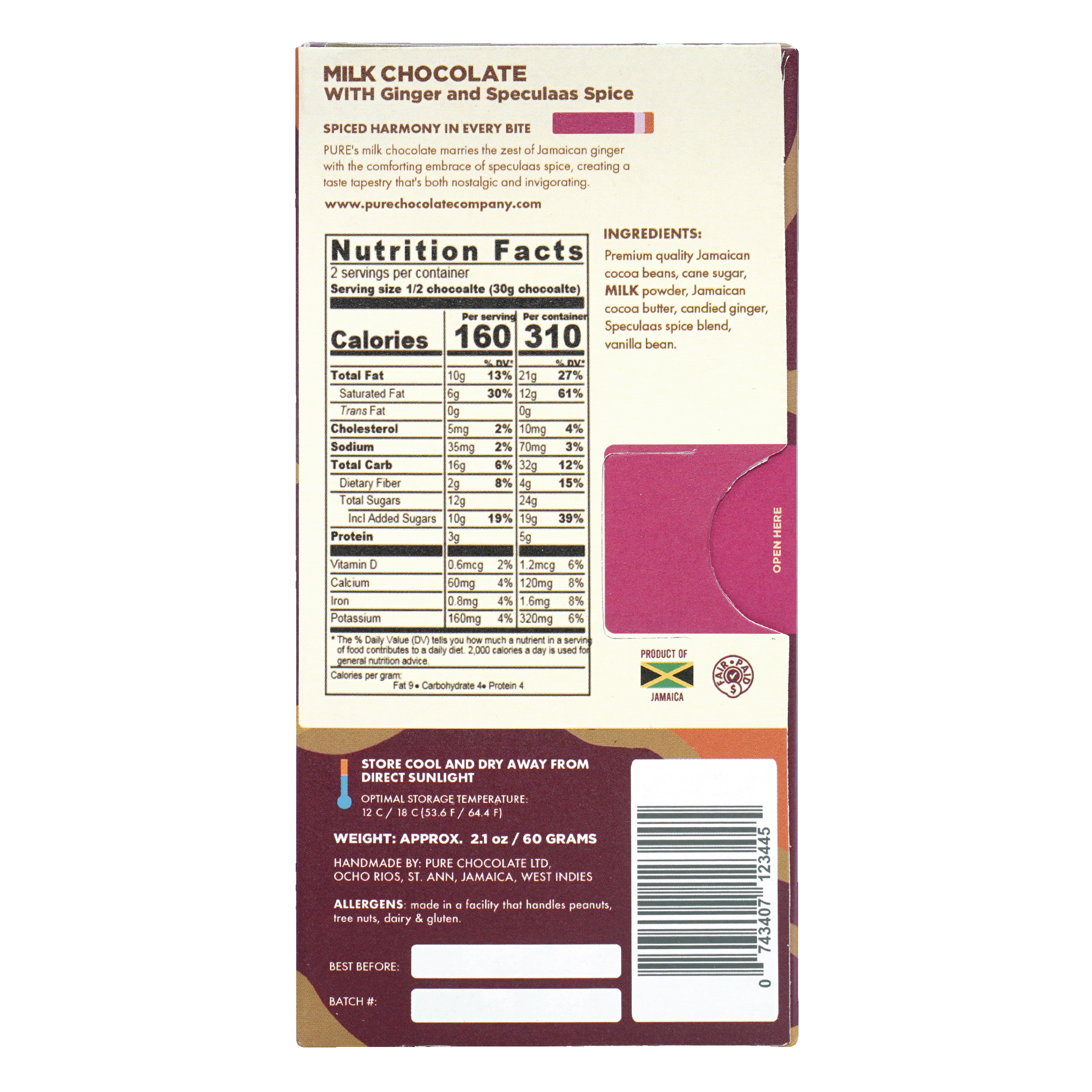 Pure Chocolate Milk bar with ginger and speculaas spice, maroon wrapper
