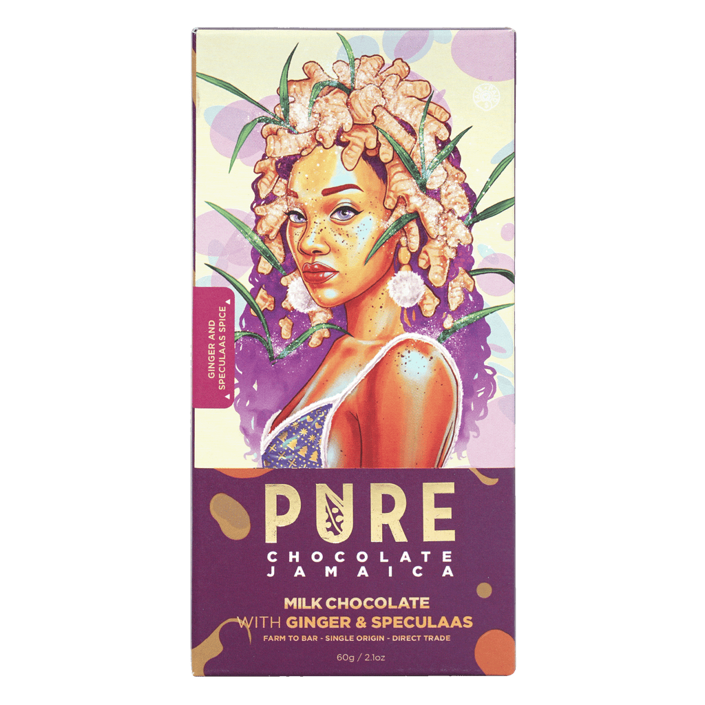 Pure Chocolate Jamaica milk chocolate bar with ginger-haired woman and speculaas spice