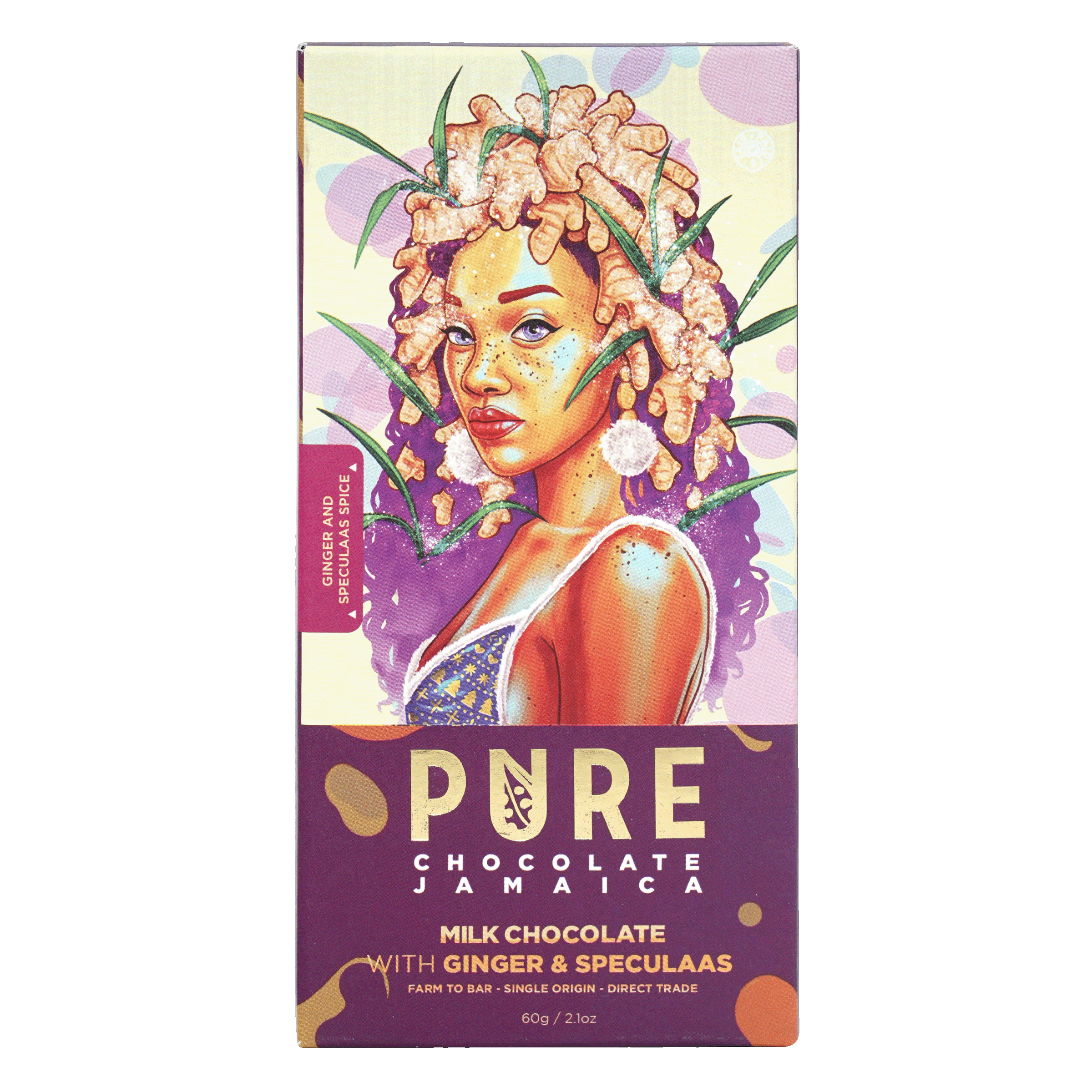 Pure Chocolate Jamaica milk chocolate bar with ginger-haired woman and speculaas spice