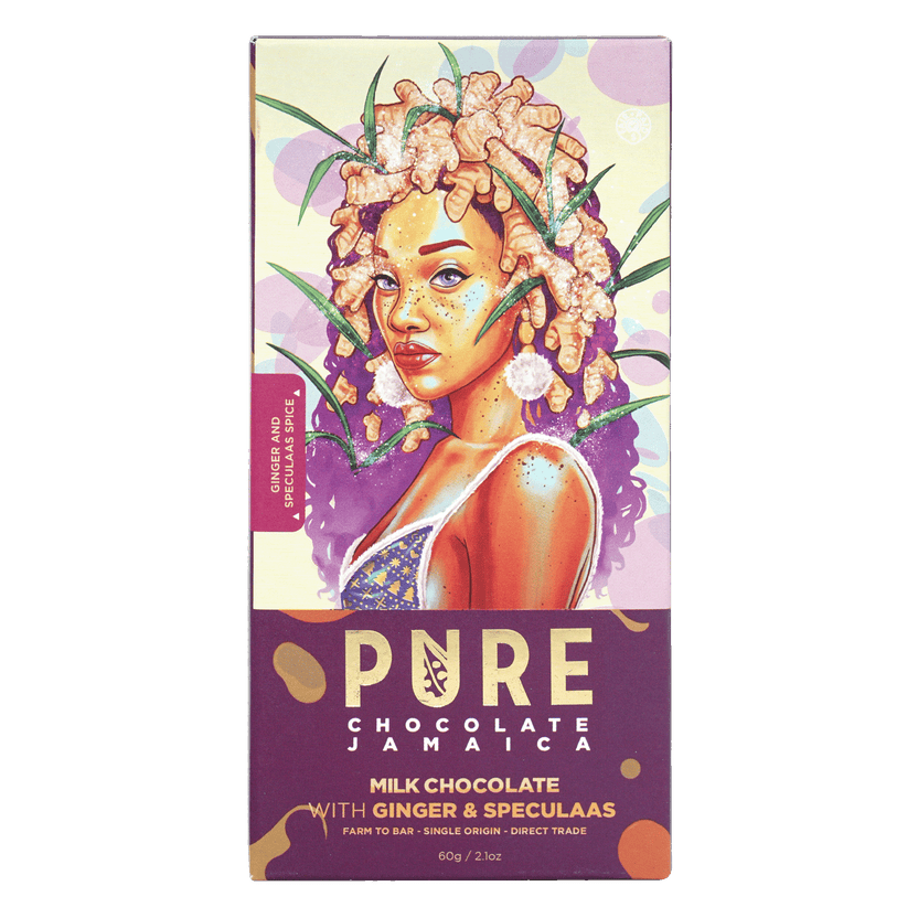 Pure Chocolate Jamaica milk chocolate bar with ginger-haired woman and speculaas spice