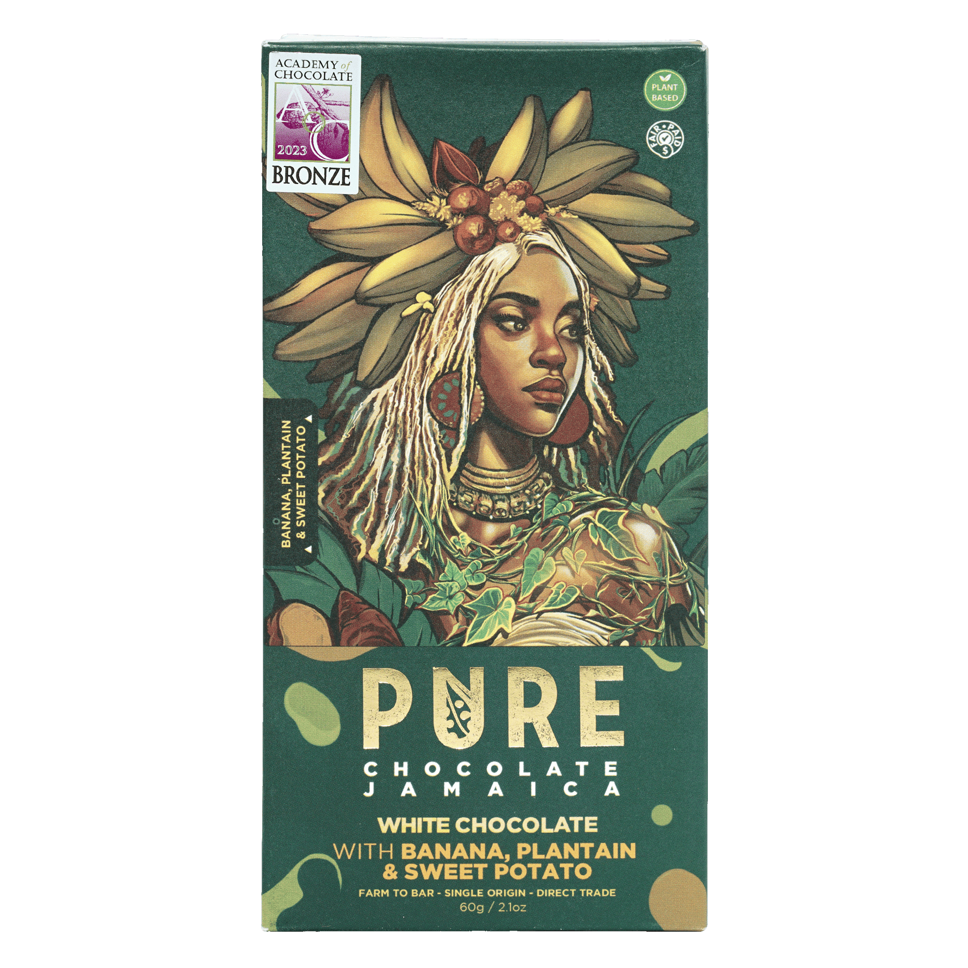 Pure Chocolate Jamaica dark green wrapper with banana-crowned woman and chips product label