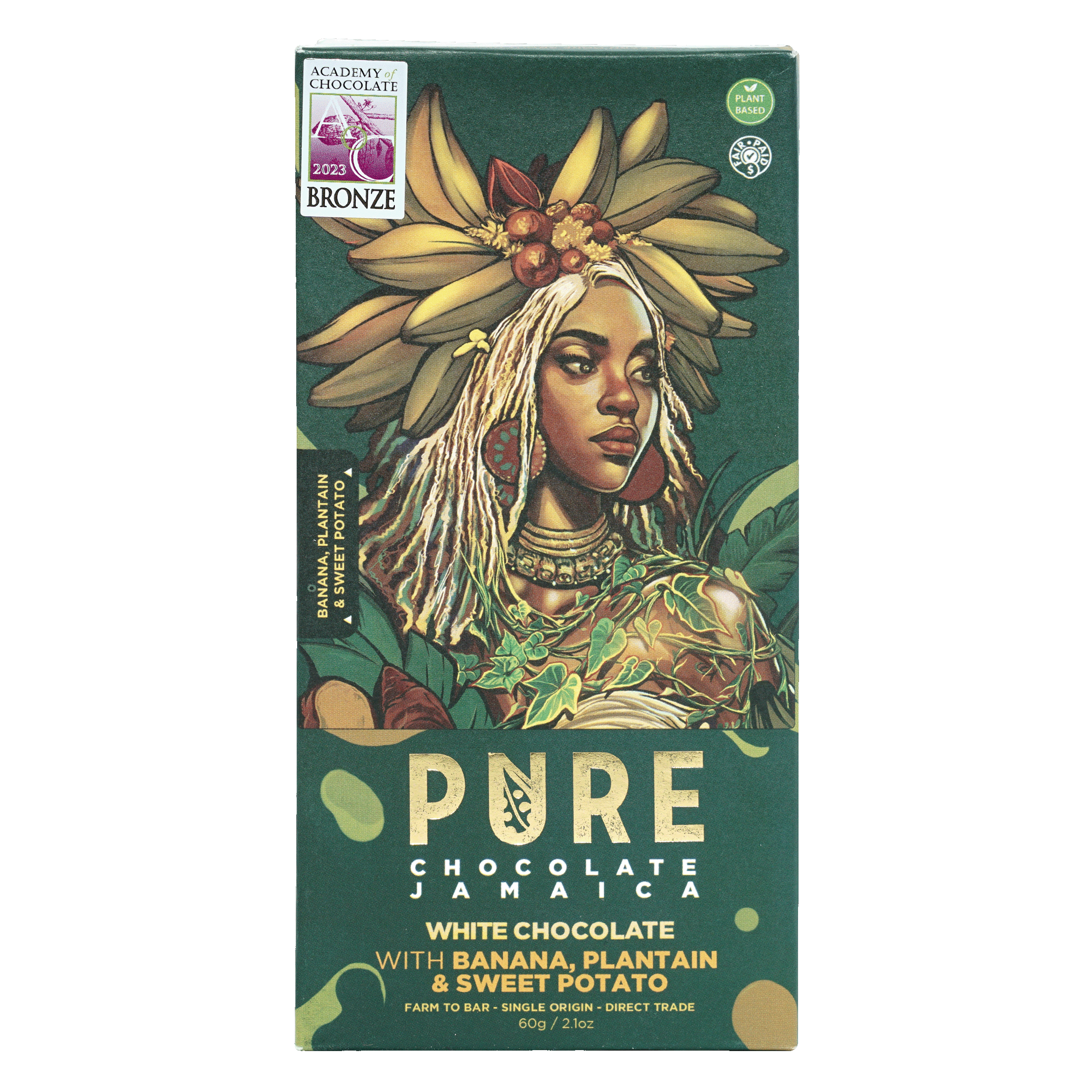 Pure Chocolate Jamaica dark green wrapper with banana-crowned woman and chips product label
