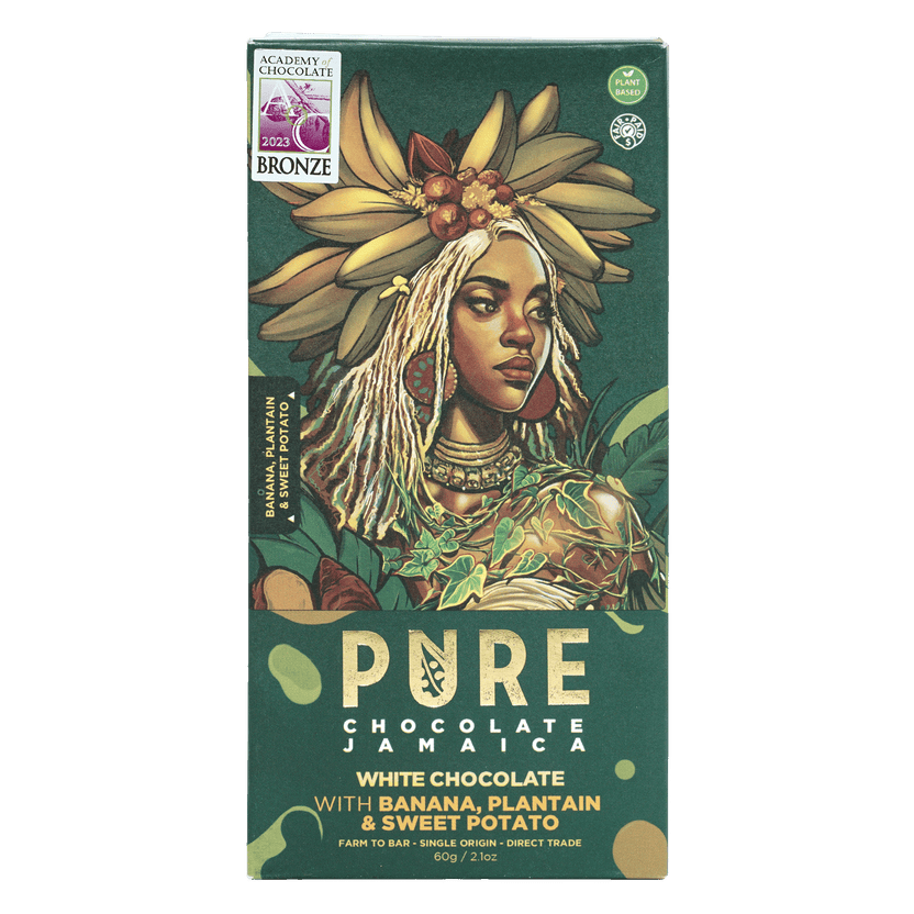 Pure Chocolate Jamaica dark green wrapper with banana-crowned woman and chips product label