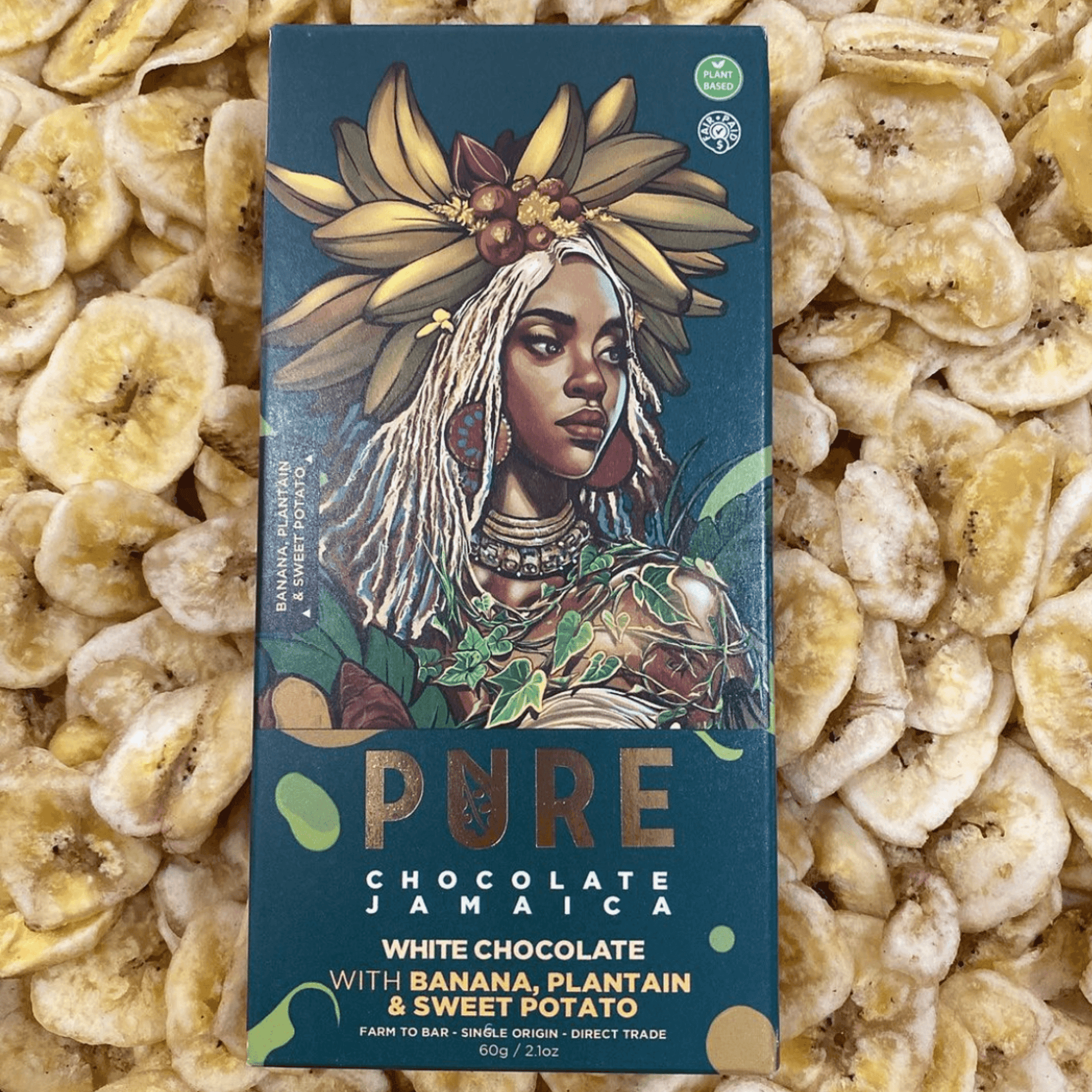 Pure Chocolate White w/ Banana & Sweet Potato Chips dark teal wrapper