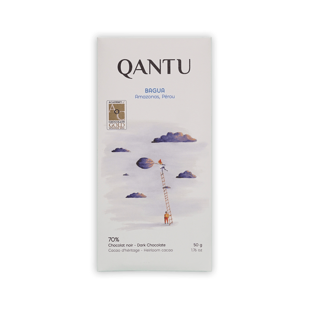 Qantu Bagua bar, cream box with watercolor of a figure on a ladder in clouds, Amazonas Perou 70%, gold award seal