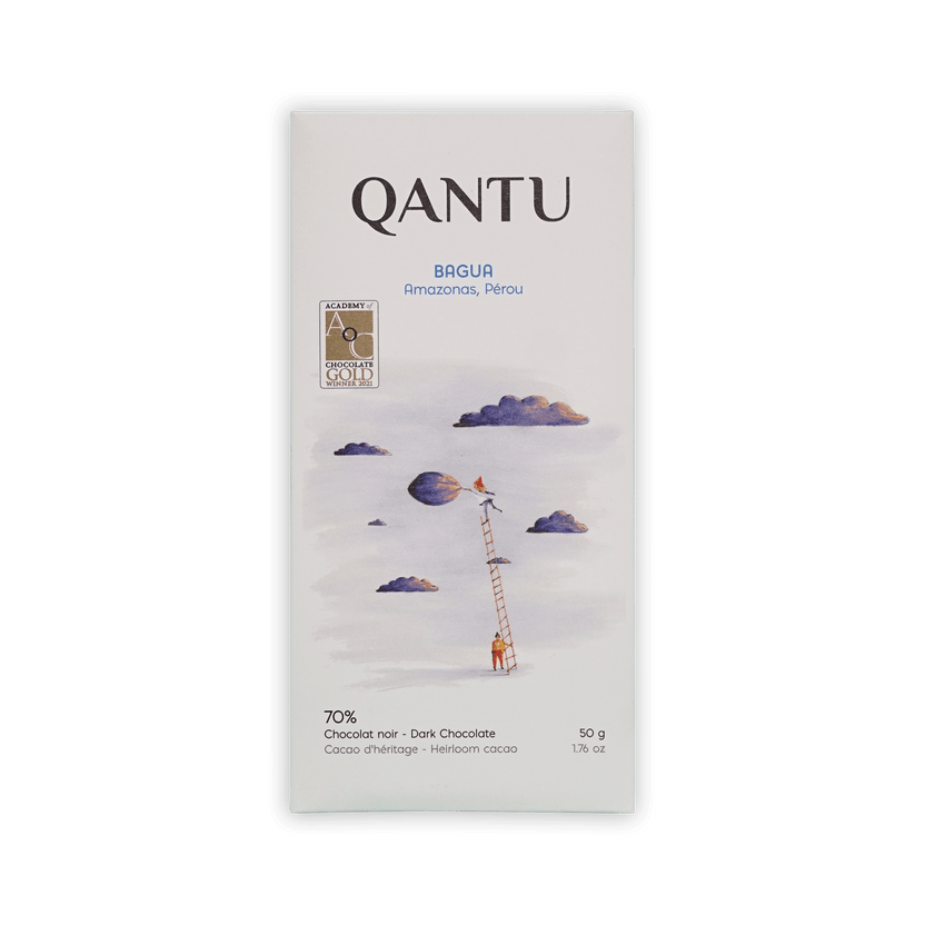 Qantu Bagua bar, cream box with watercolor of a figure on a ladder in clouds, Amazonas Perou 70%, gold award seal