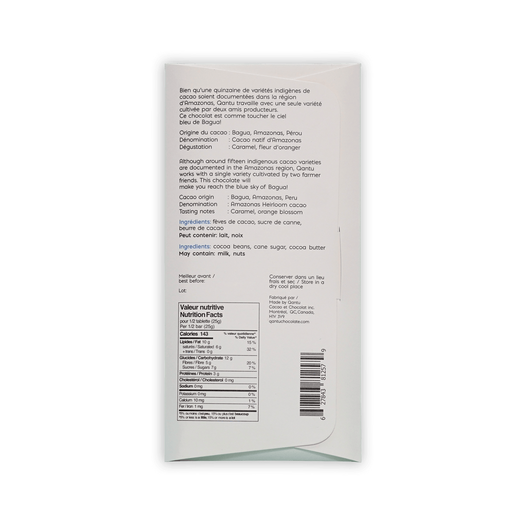 Back of Qantu Bagua cream box with French and English text, tasting notes caramel and orange blossom, nutrition facts and barcode