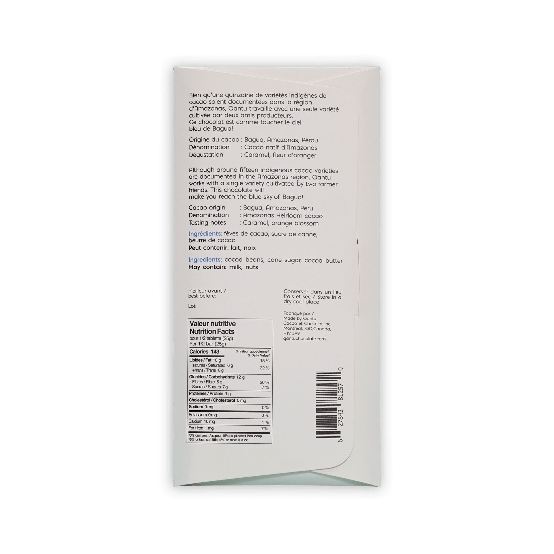 Back of Qantu Bagua cream box with French and English text, tasting notes caramel and orange blossom, nutrition facts and barcode