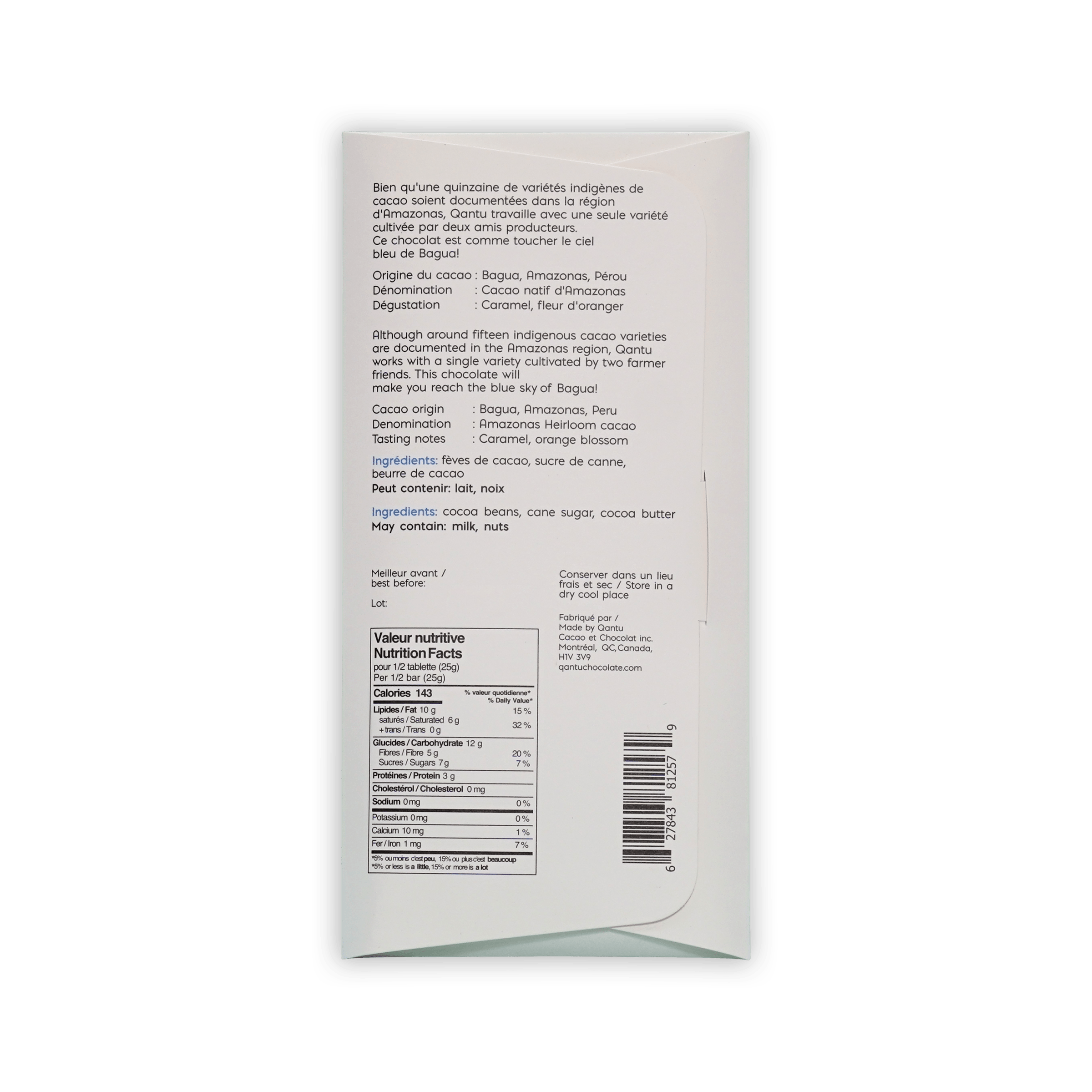 Back of Qantu Bagua cream box with French and English text, tasting notes caramel and orange blossom, nutrition facts and barcode