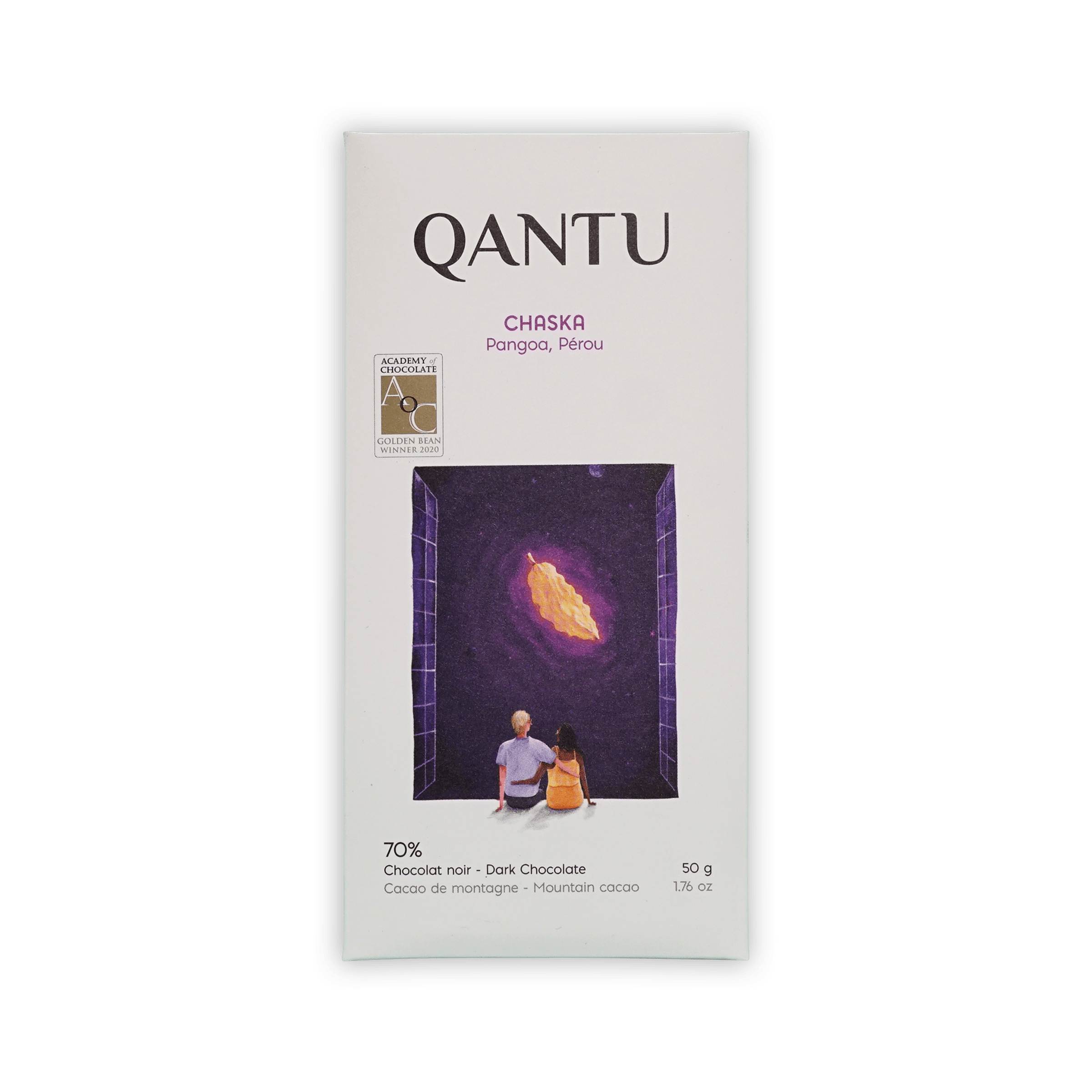 Qantu Chaska bar, white box with an illustration of a couple looking at a glowing cacao pod in a night sky, reading 70% Dark Chocolate, 50 g.