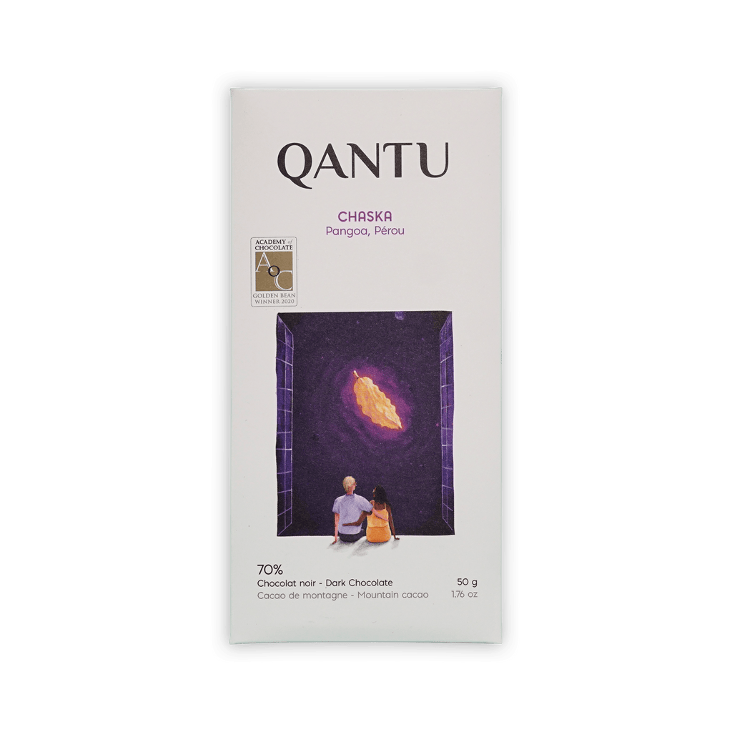 Qantu Chaska bar, white box with an illustration of a couple looking at a glowing cacao pod in a night sky, reading 70% Dark Chocolate, 50 g.
