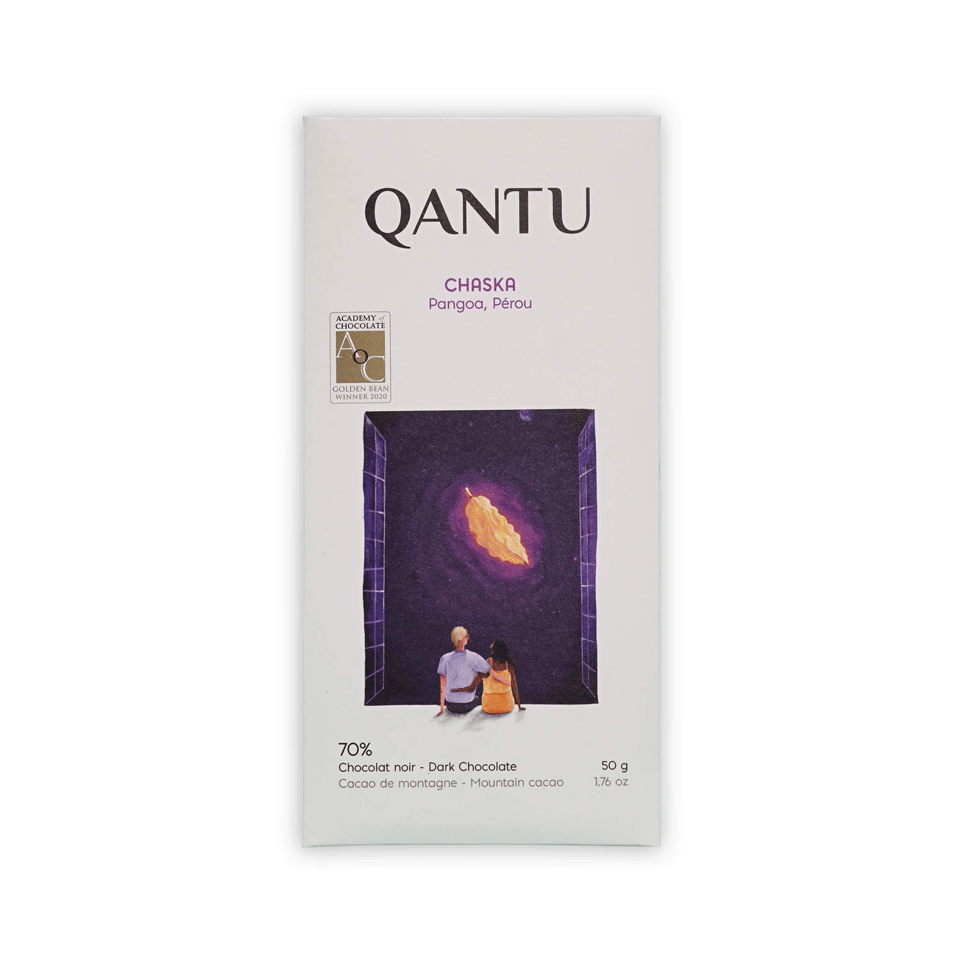 Qantu Chaska bar, white box with an illustration of a couple looking at a glowing cacao pod in a night sky, reading 70% Dark Chocolate, 50 g.
