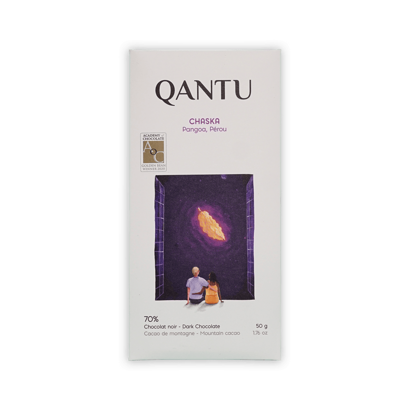 Qantu Chaska bar, white box with an illustration of a couple looking at a glowing cacao pod in a night sky, reading 70% Dark Chocolate, 50 g.