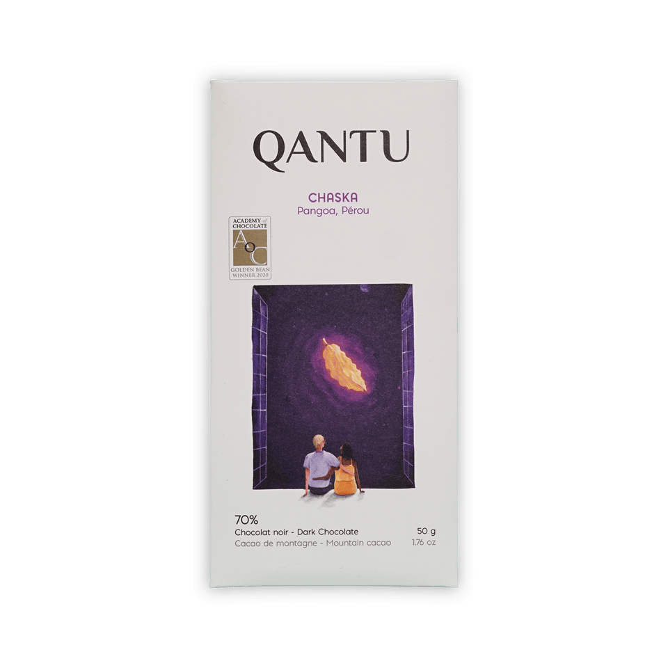 Qantu Chaska bar, white box with an illustration of a couple looking at a glowing cacao pod in a night sky, reading 70% Dark Chocolate, 50 g.