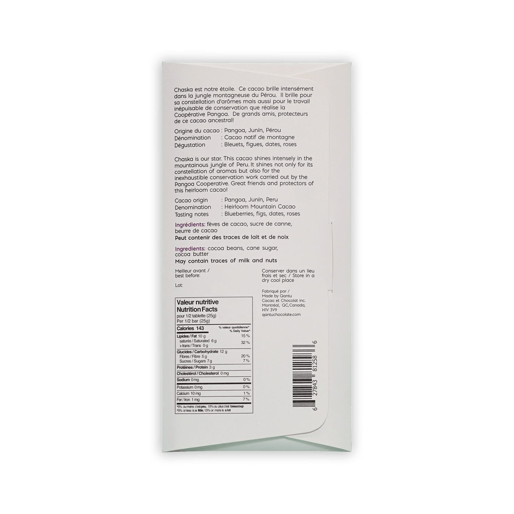 Back of the white Qantu Chaska box with French and English text, ingredients, nutrition facts, and a barcode.