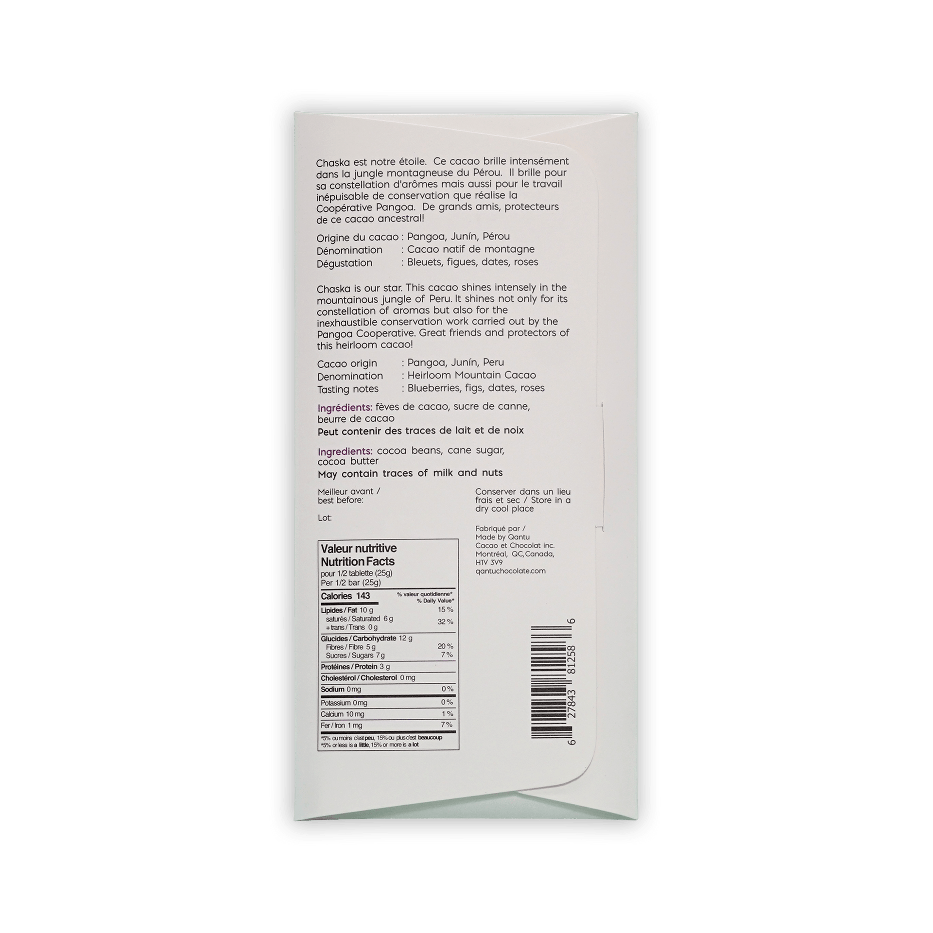 Back of the white Qantu Chaska box with French and English text, ingredients, nutrition facts, and a barcode.