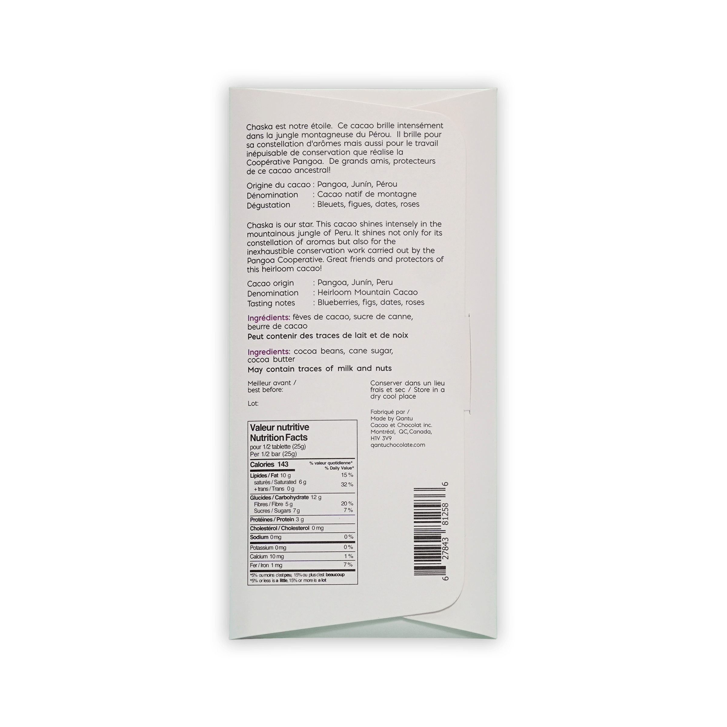 Back of the white Qantu Chaska box with French and English text, ingredients, nutrition facts, and a barcode.