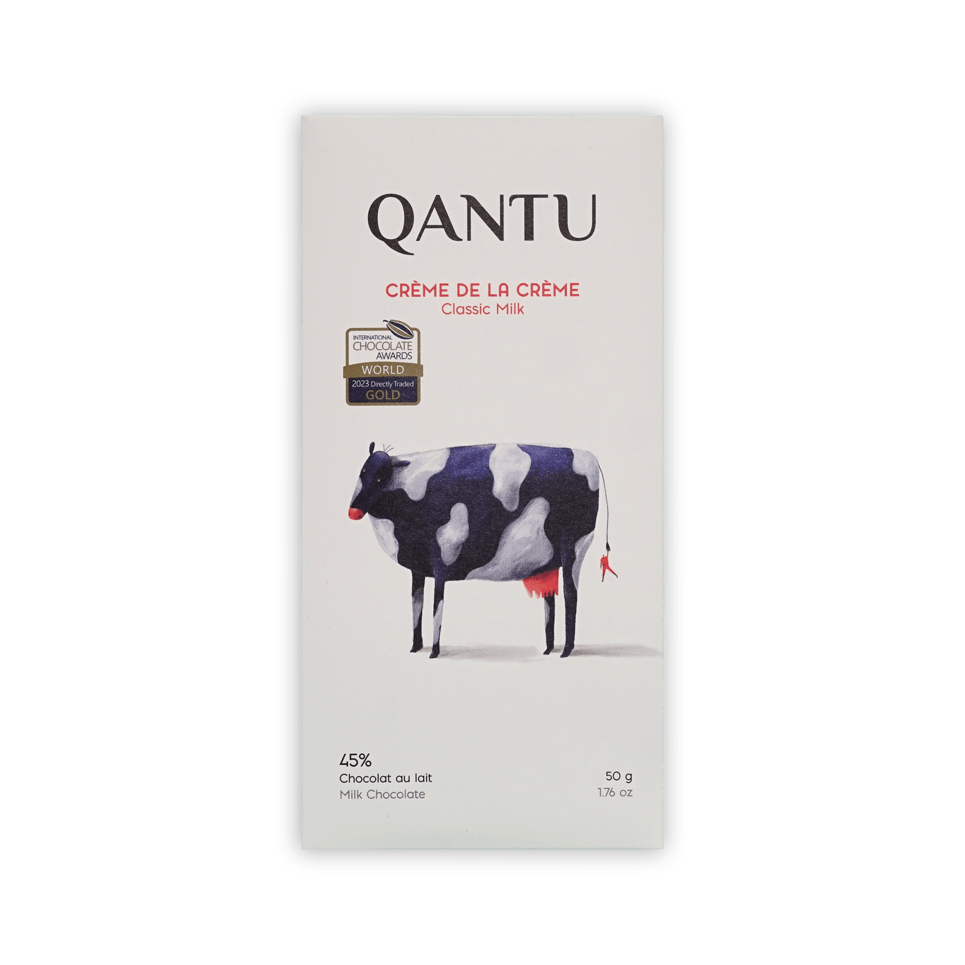 Qantu Creme de la Creme bar, cream box with painted black and white cow, Classic Milk 45%, gold award seal, 50g