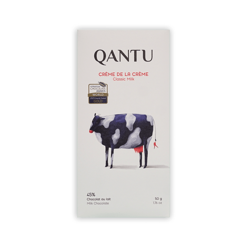 Qantu Creme de la Creme bar, cream box with painted black and white cow, Classic Milk 45%, gold award seal, 50g