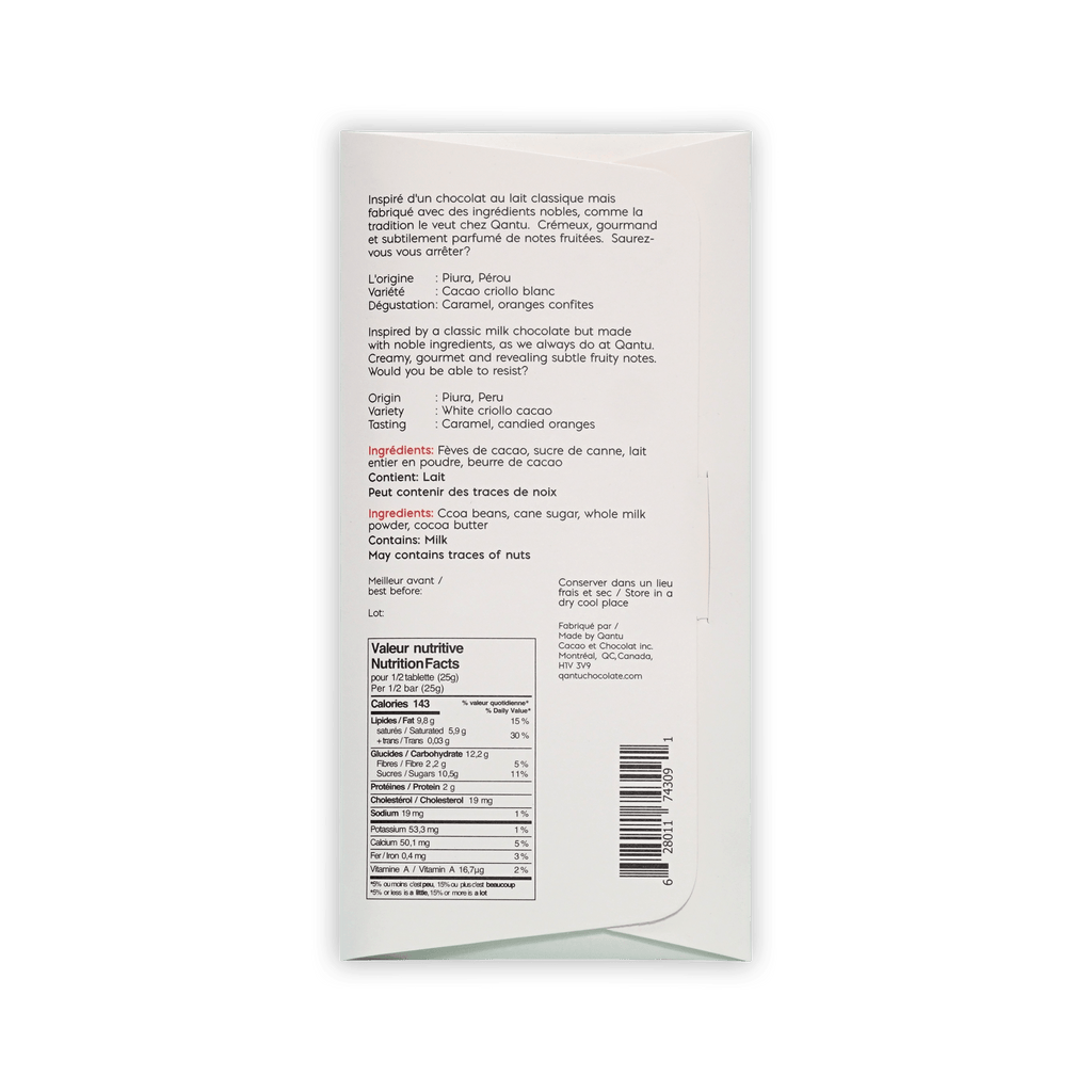 Back of Qantu Creme de la Creme cream box, French and English text, origin Piura Peru, nutrition facts and barcode