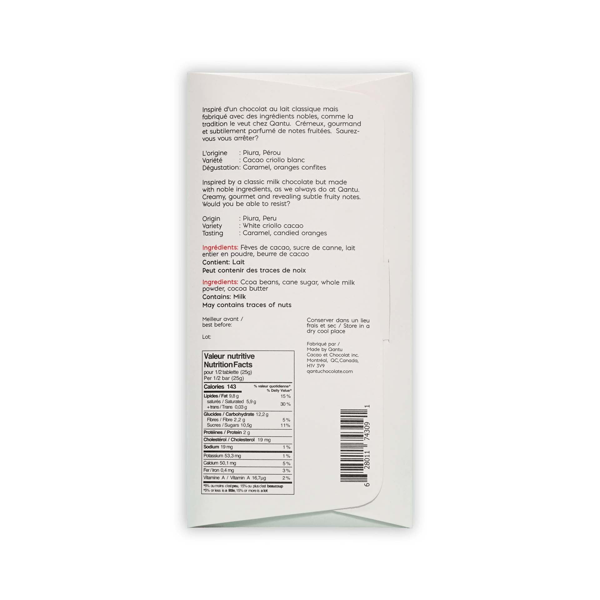 Back of Qantu Creme de la Creme cream box, French and English text, origin Piura Peru, nutrition facts and barcode