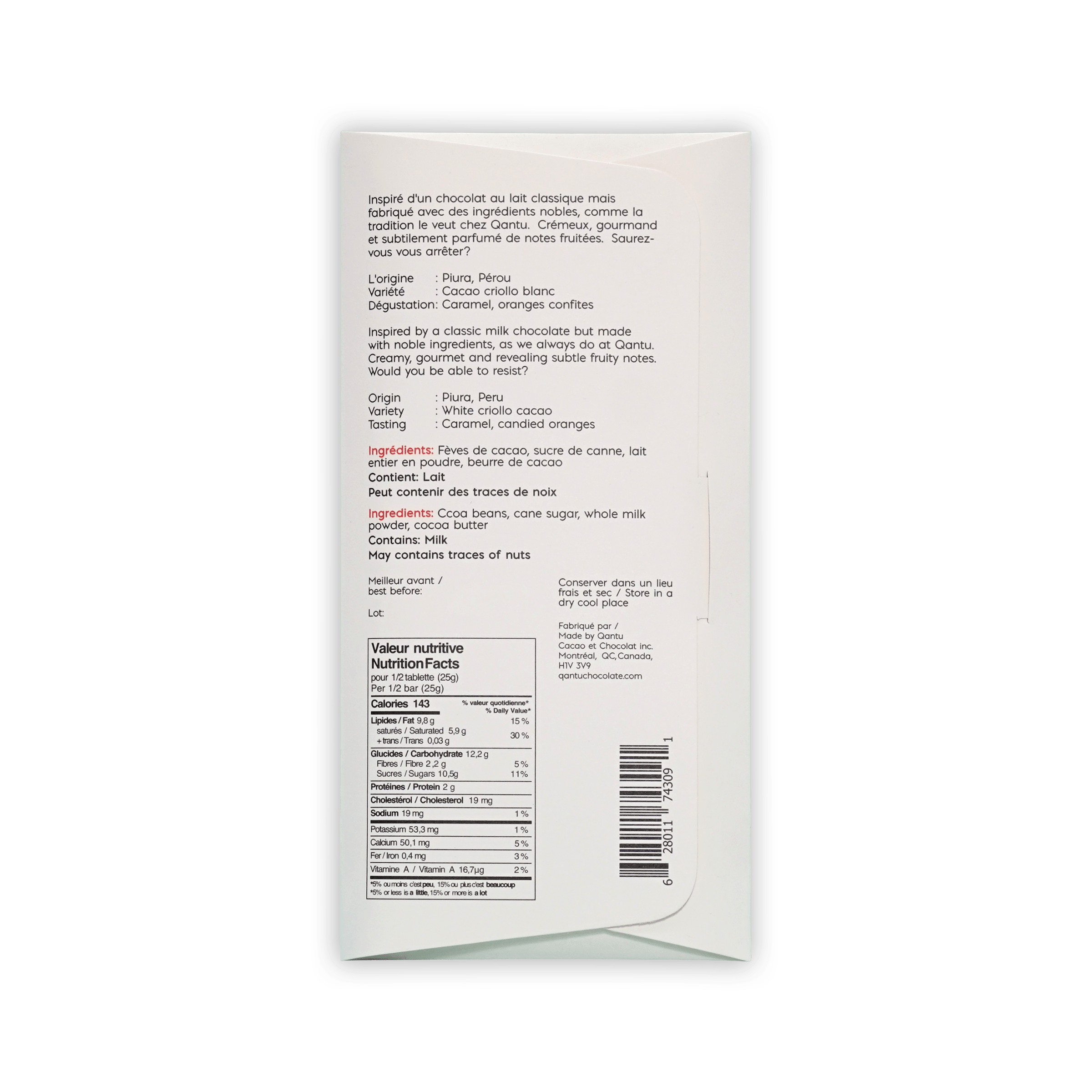 Back of Qantu Creme de la Creme cream box, French and English text, origin Piura Peru, nutrition facts and barcode