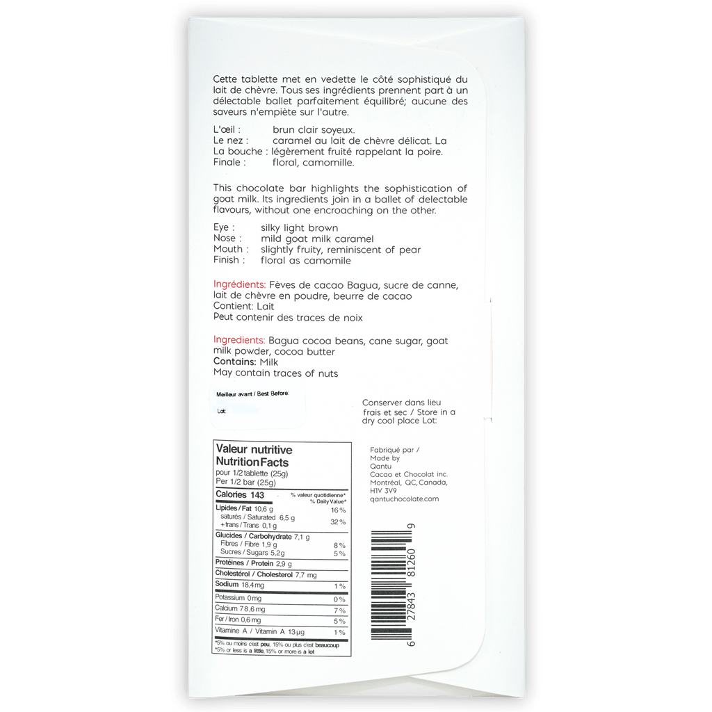 Qantu Chocolate Goat Milk Dreams of Cashmere 55% white wrapper with barcode