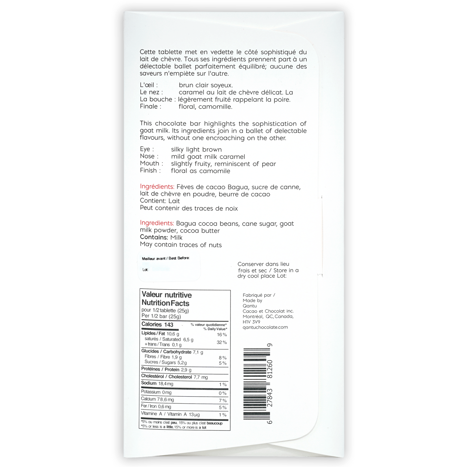 Qantu Chocolate Goat Milk Dreams of Cashmere 55% white wrapper with barcode
