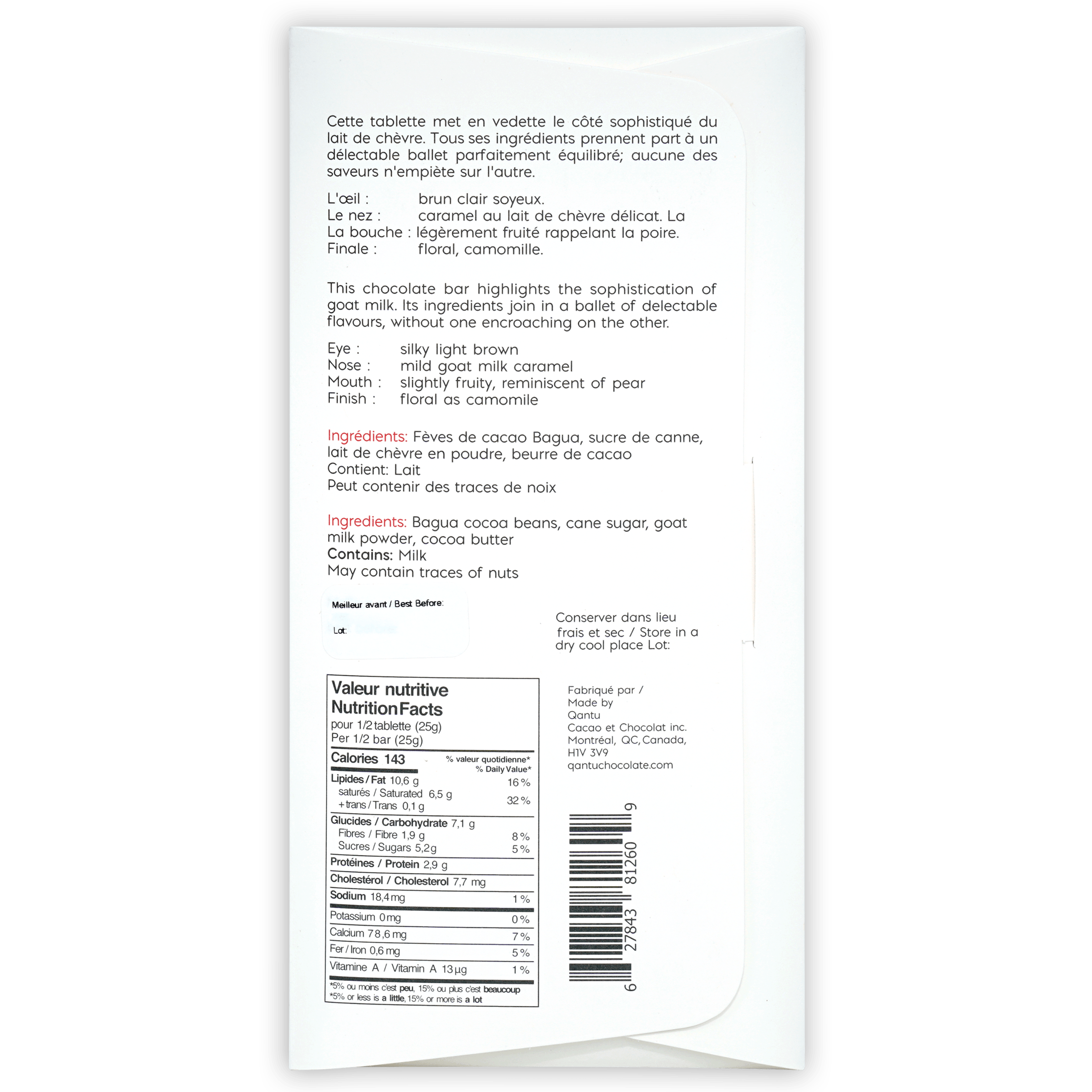 Qantu Chocolate Goat Milk Dreams of Cashmere 55% white wrapper with barcode