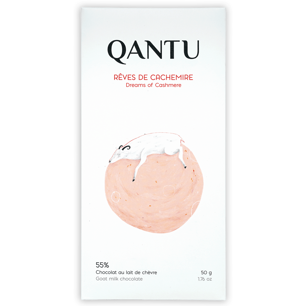 Qantu Dreams of Cashmere 55% goat milk chocolate bar in minimalist white wrapper with illustrated sheep on pink circle