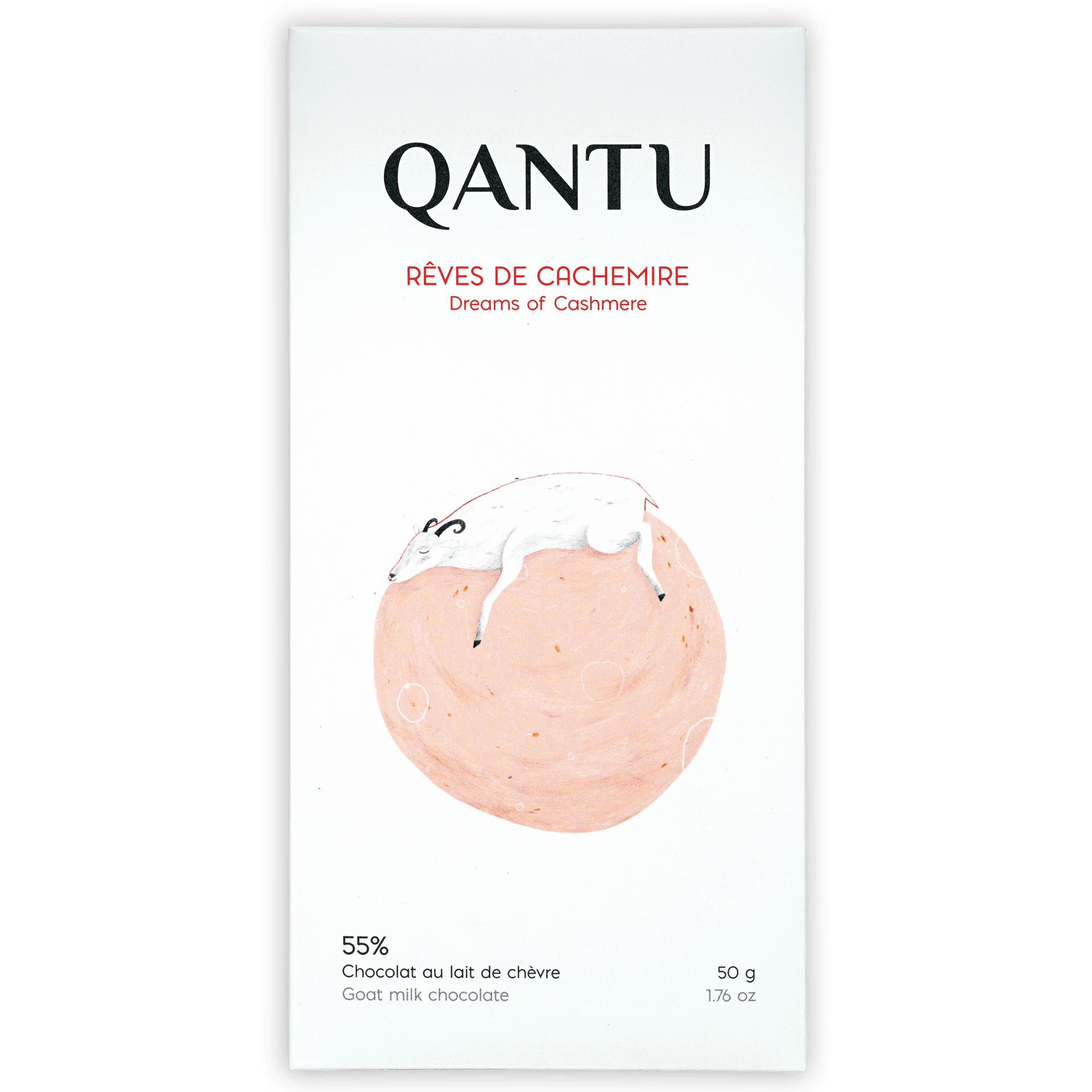 Qantu Dreams of Cashmere 55% goat milk chocolate bar in minimalist white wrapper with illustrated sheep on pink circle