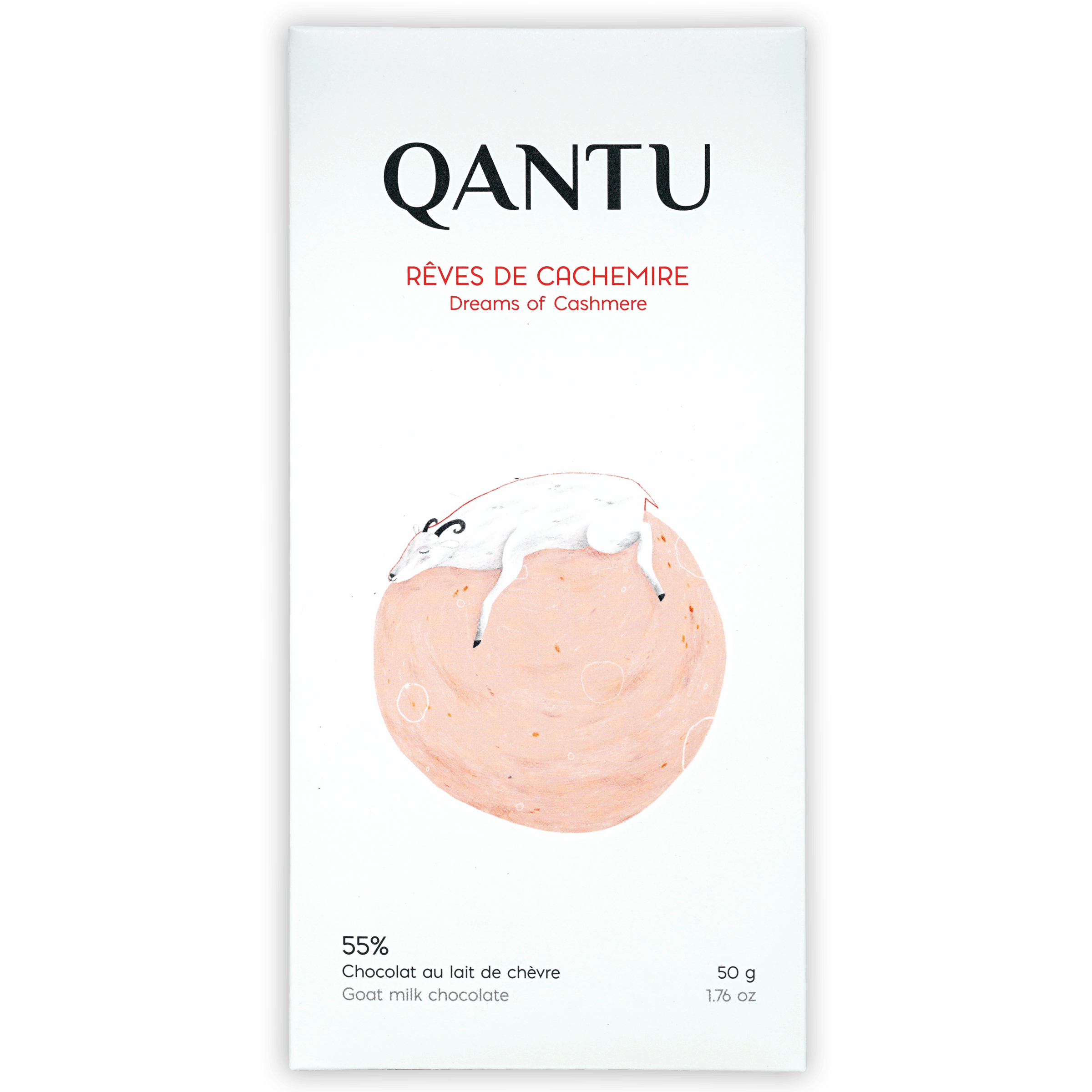 Qantu Dreams of Cashmere 55% goat milk chocolate bar in minimalist white wrapper with illustrated sheep on pink circle